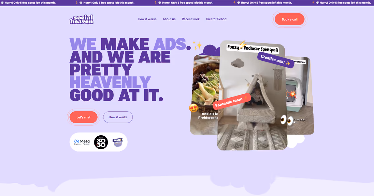 Ad agency’s Social Heaven website homepage, with three user-generated content ads shown in the hero section.