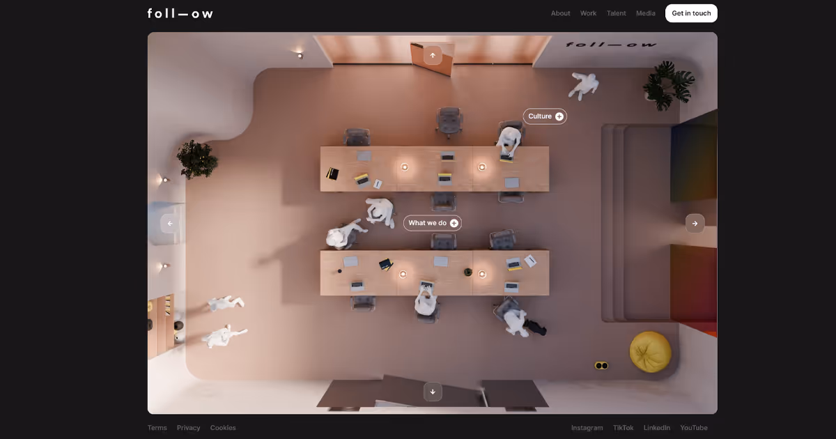Ad agency’s (foll-ow) homepage, showing a top-down view of an office with two tables and several team members working together.