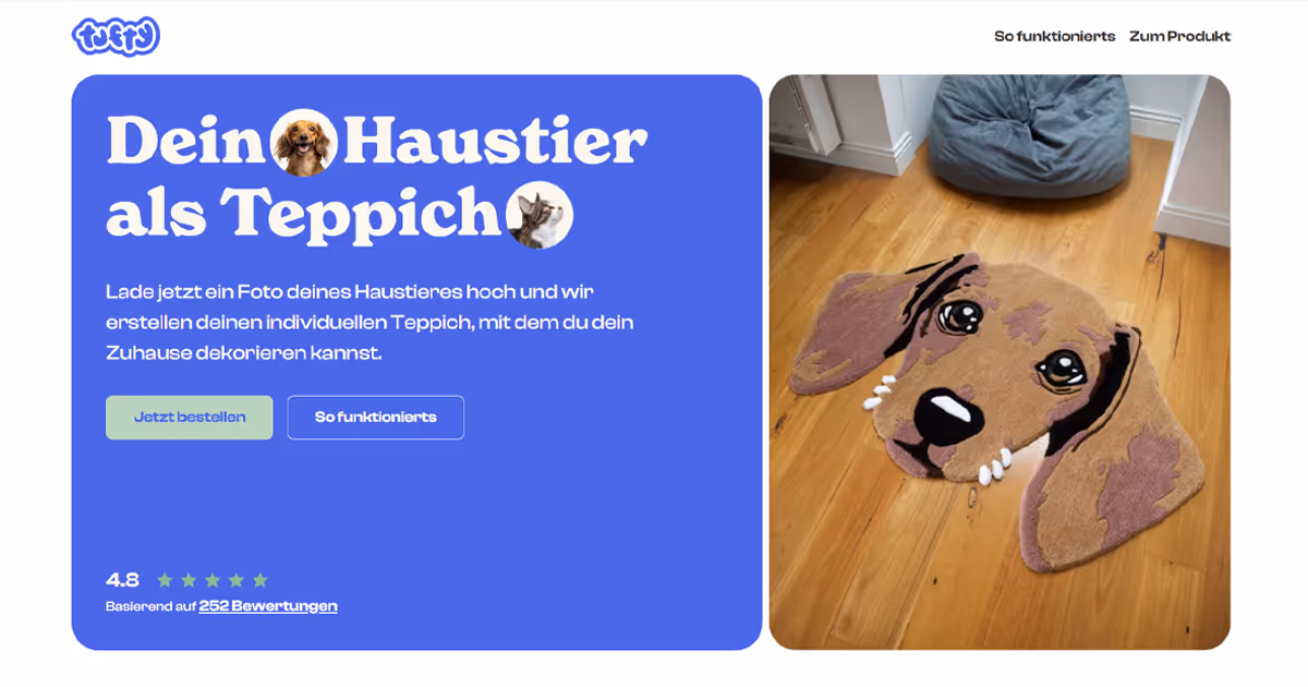 Homepage for pet rug brand, Tufty, featuring a hero section with two buttons, 4.8 customer rating, and a photo of a rug in the shape of a brown dog.