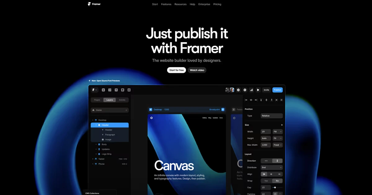 Framer website builder interface showing canvas editor with blue gradient background, layers panel on left, and design properties panel on righ