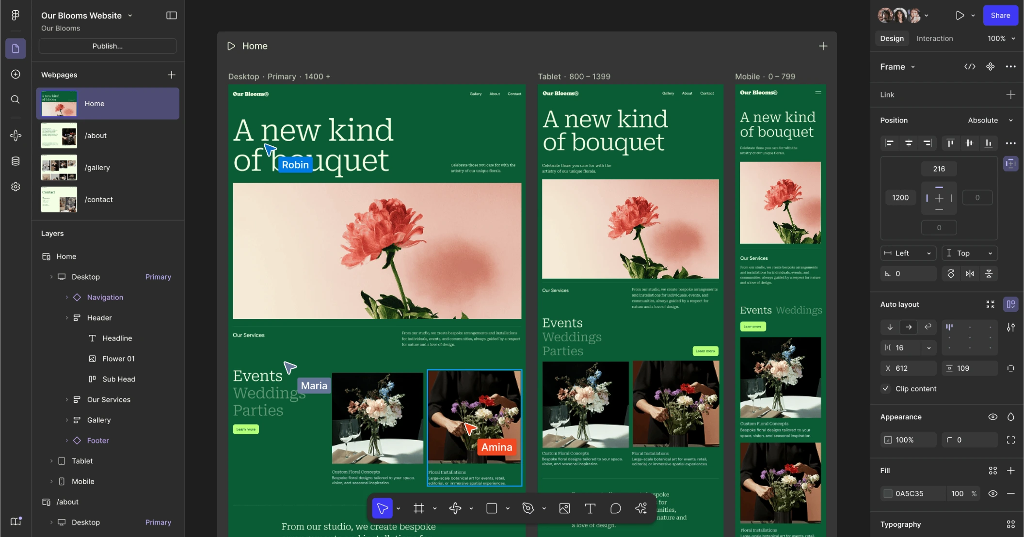 Figma Sites editor displaying responsive design for 'Our Blooms' flower website across Desktop, Tablet, and Mobile breakpoints simultaneously