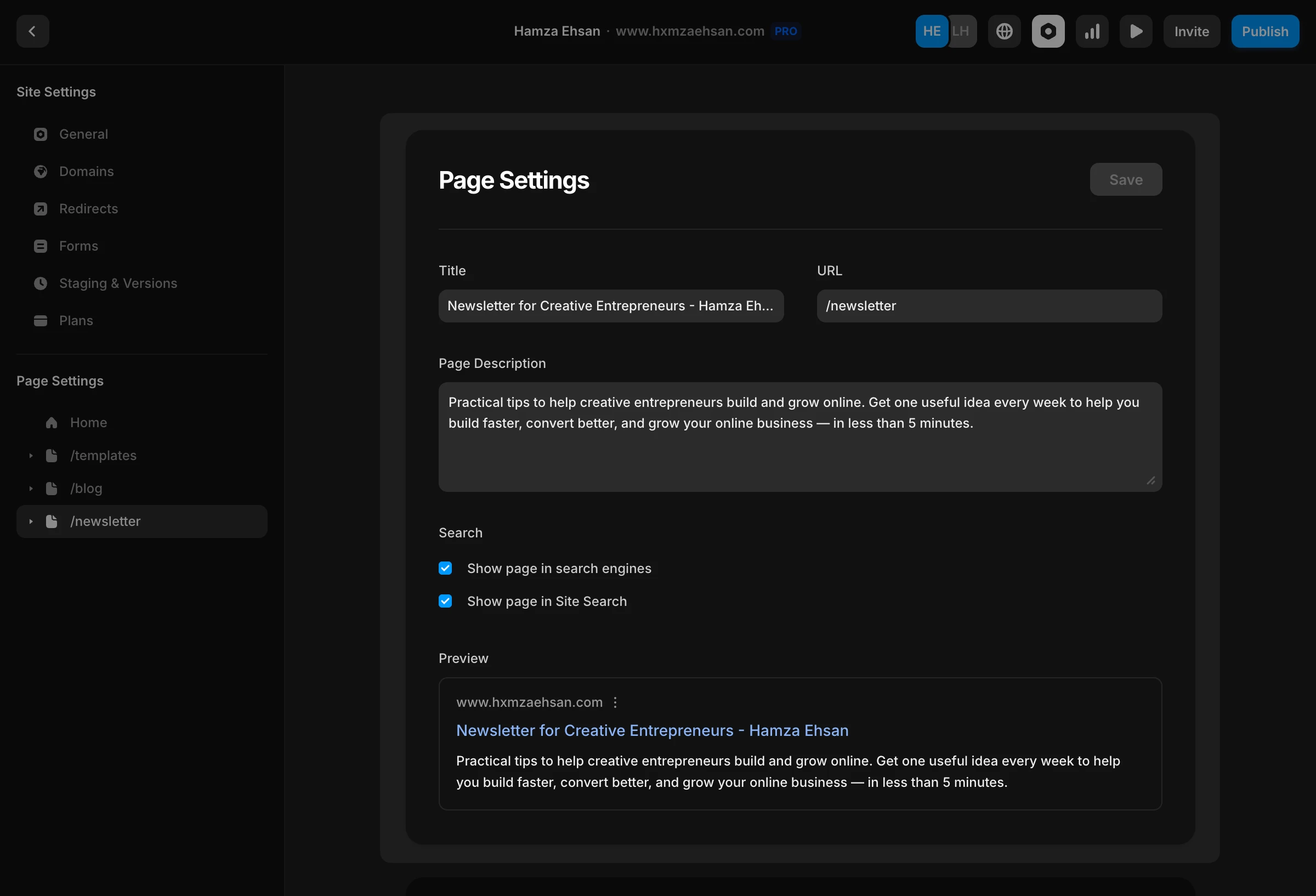 Framer Page Settings panel for newsletter page showing SEO configuration with title, URL, meta description, search visibility toggles, and preview