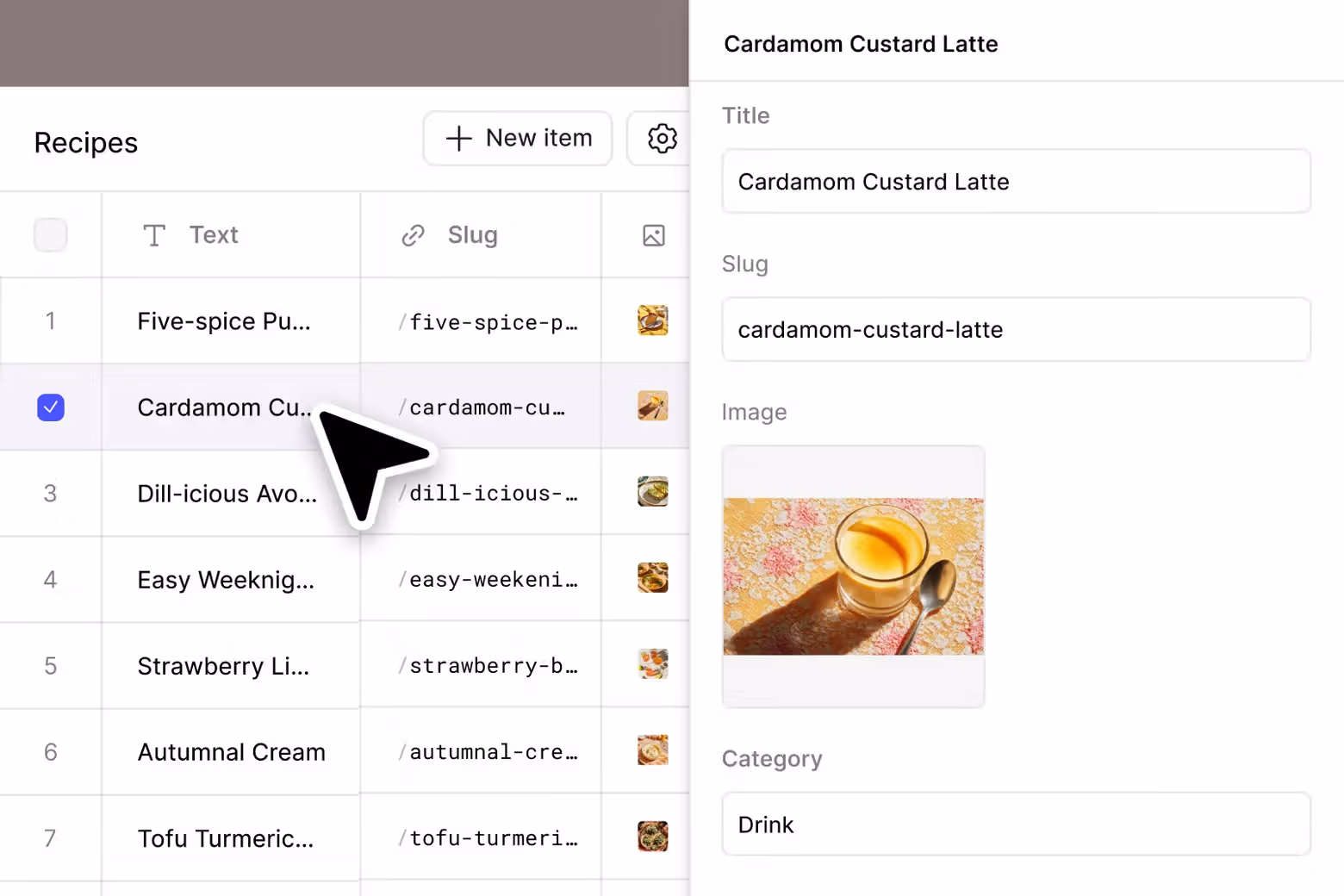 Figma CMS recipe collection showing 'Cardamom Custard Latte' entry with title, slug, image of golden beverage, and drink category fields