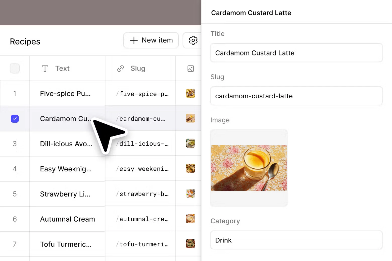 Figma CMS recipe collection showing 'Cardamom Custard Latte' entry with title, slug, image of golden beverage, and drink category fields