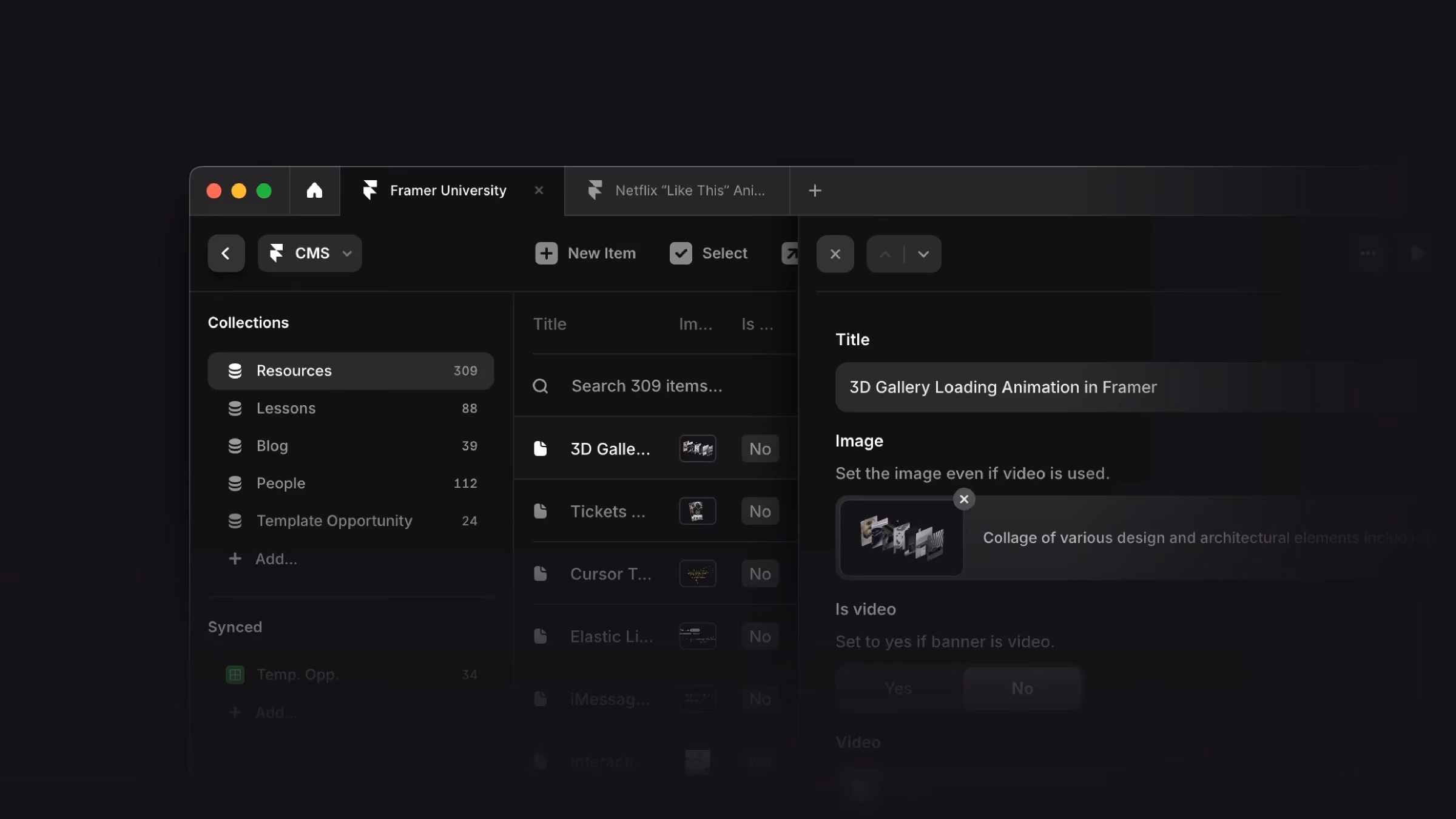 Framer CMS dark interface showing Collections panel with Resources, Lessons, Blog, and People collections, plus content editor for '3D Gallery Loading Animation' item