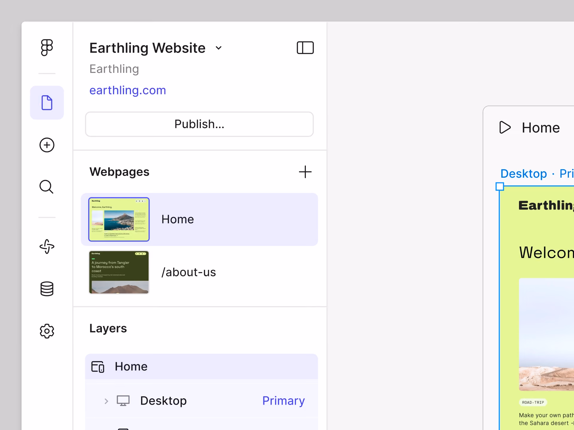 Figma site manager sidebar for 'Earthling Website' showing webpages list with Home and About-us pages, plus layers hierarchy with Desktop breakpoint
