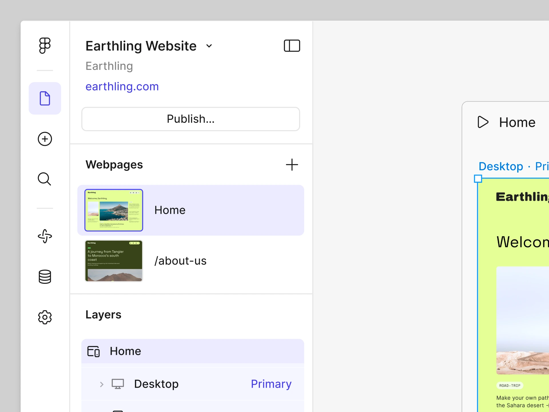 Figma site manager sidebar for 'Earthling Website' showing webpages list with Home and About-us pages, plus layers hierarchy with Desktop breakpoint