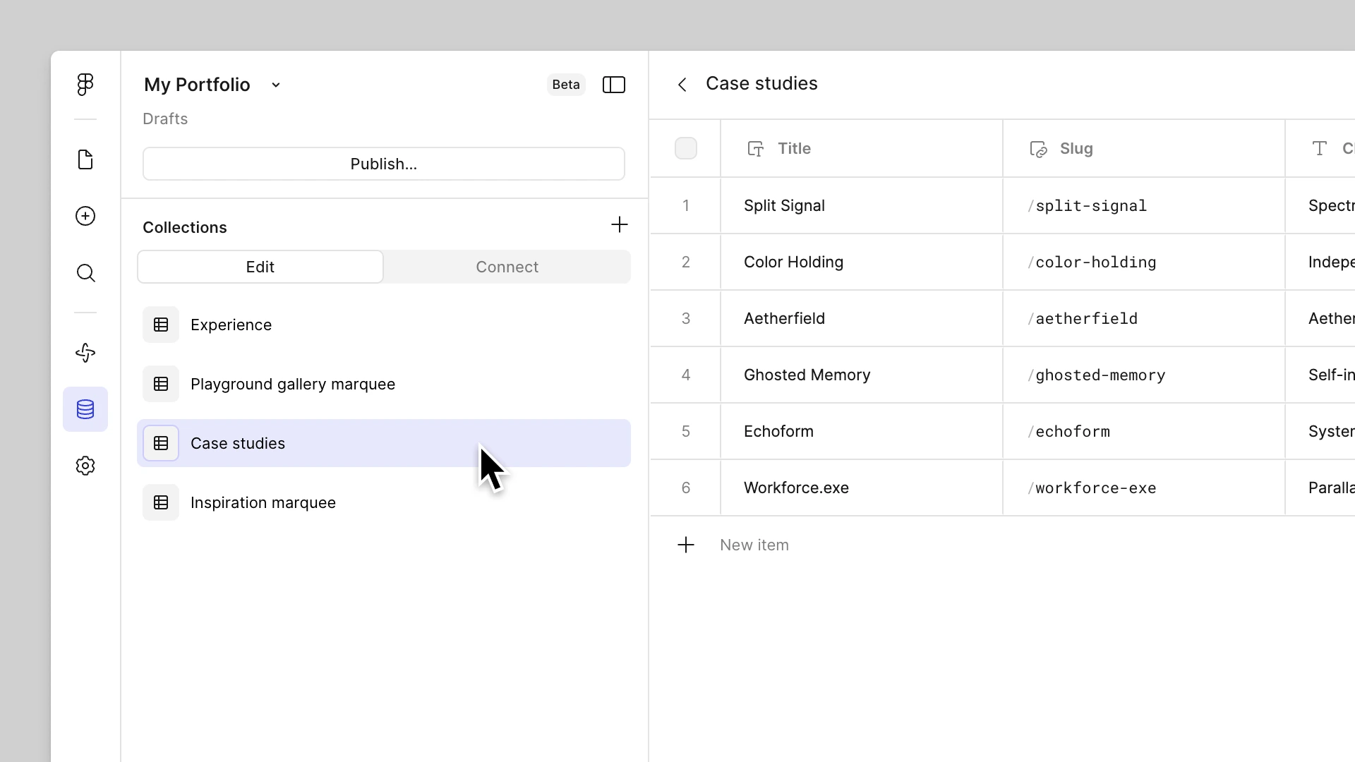 Figma CMS interface showing Collections sidebar with 'Case studies' selected, displaying a table of six portfolio items with titles and slugs