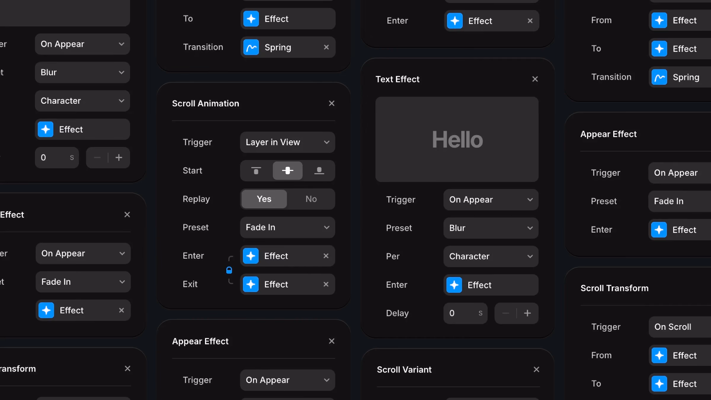 Framer's animation effects configuration panels showing multiple effect options including Scroll Animation, Text Effect, Appear Effect, and Scroll Transform with various triggers and presets