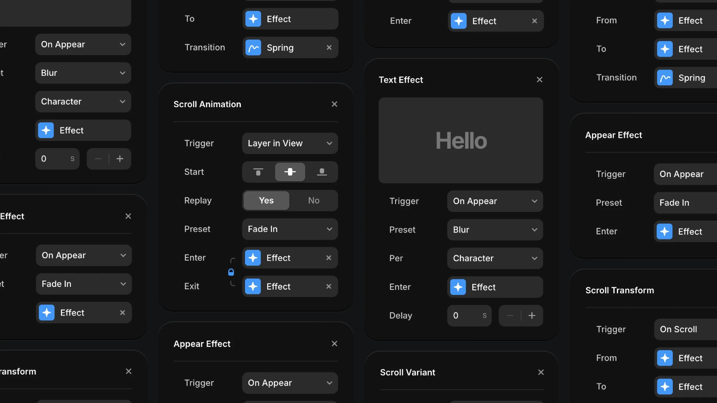 Framer's animation effects configuration panels showing multiple effect options including Scroll Animation, Text Effect, Appear Effect, and Scroll Transform with various triggers and presets