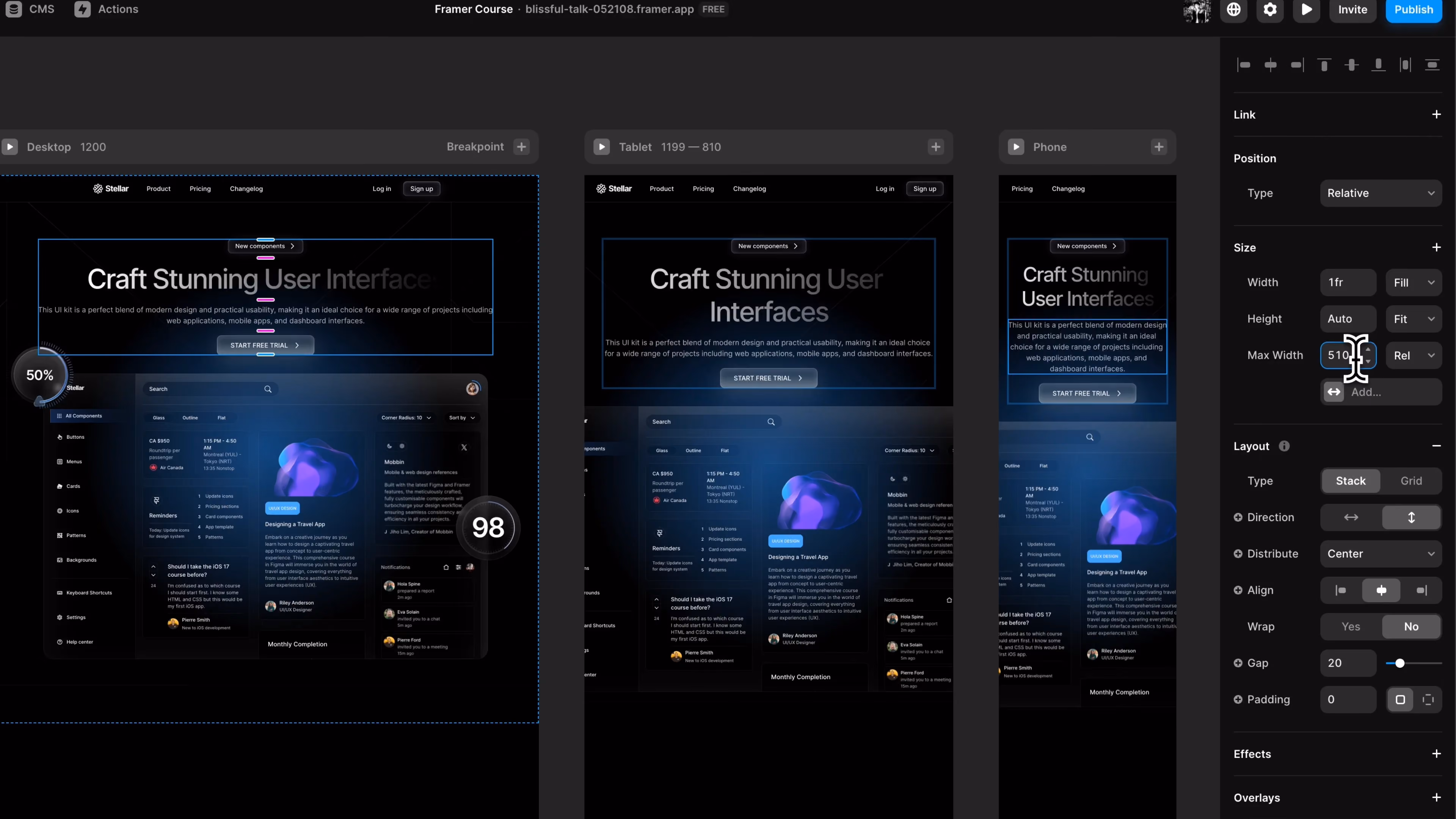 Framer editor showing responsive preview of UI design across Desktop (1200px), Tablet (1199-810px), and Phone breakpoints with layout controls in right sidebar