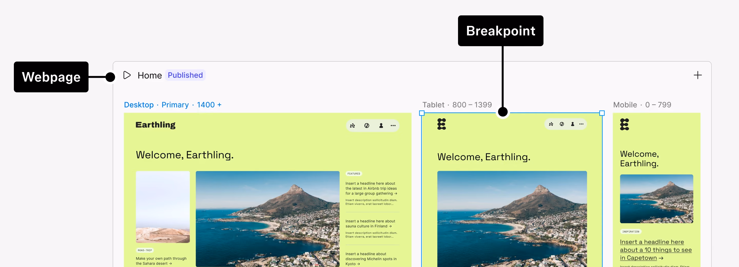 Figma site showing specific webpage and breakpoint of earthing website