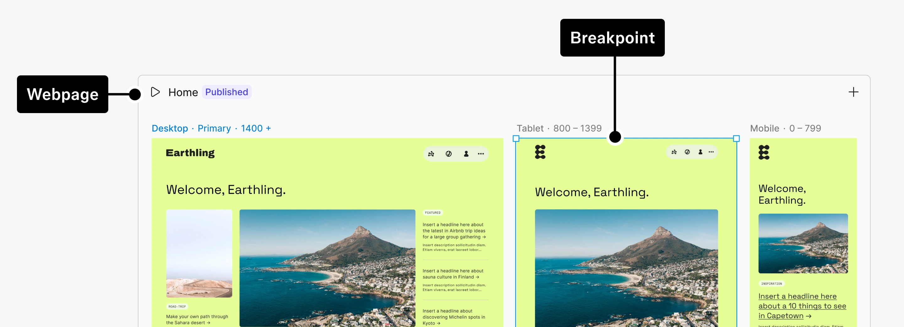 Figma site showing specific webpage and breakpoint of earthing website