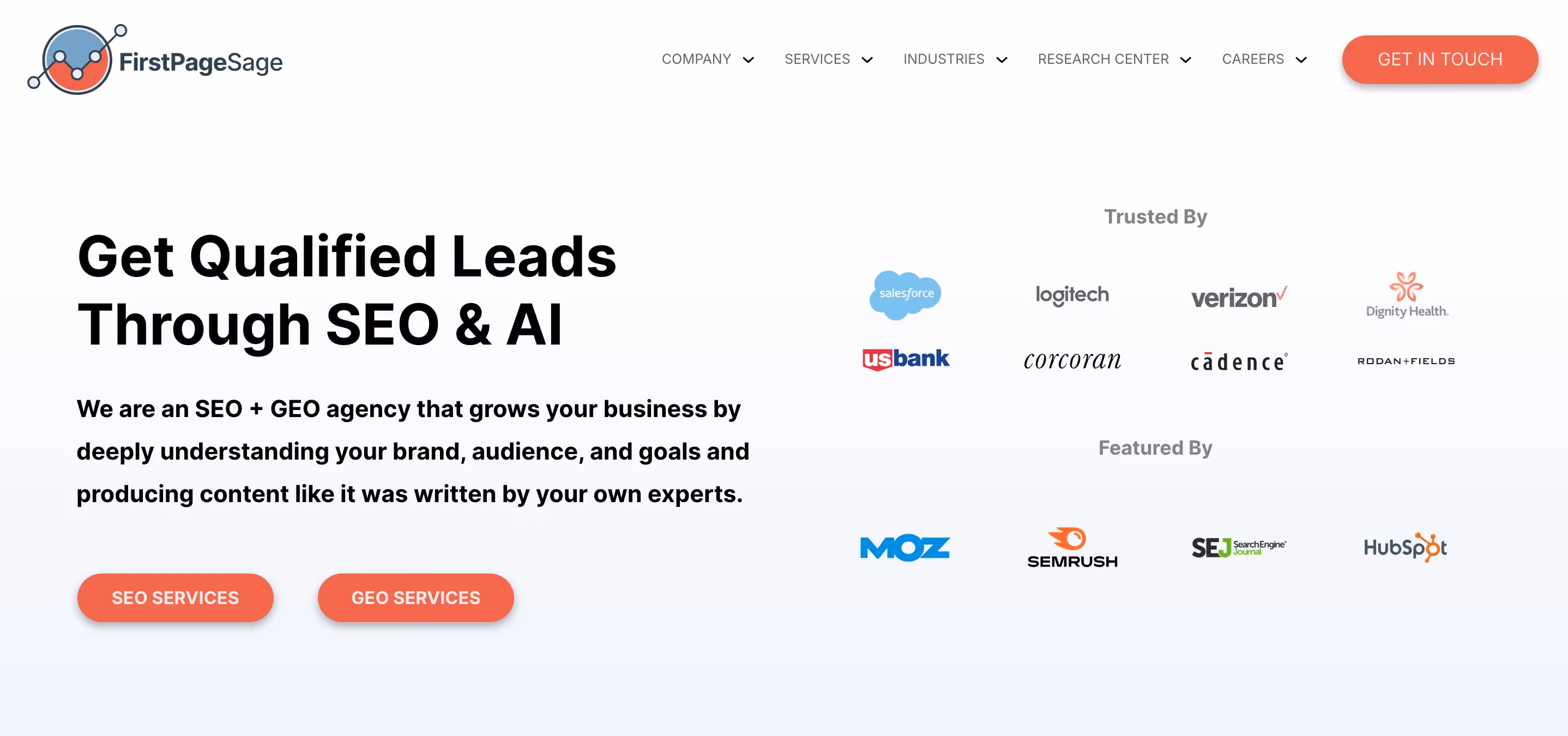First Page Sage homepage showing "Get Qualified Leads Through SEO & AI" with client logos including Salesforce, Logitech, and Verizon