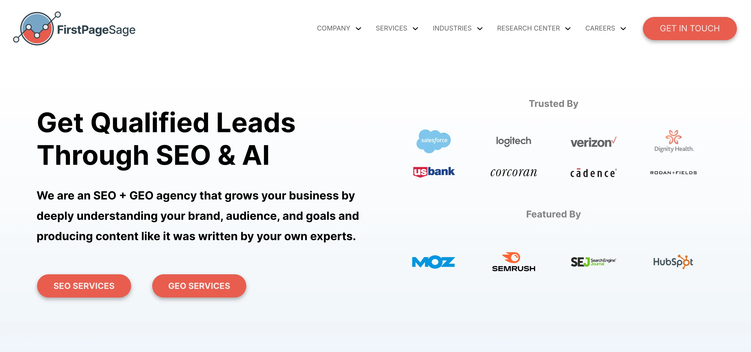 First Page Sage homepage showing "Get Qualified Leads Through SEO & AI" with client logos including Salesforce, Logitech, and Verizon