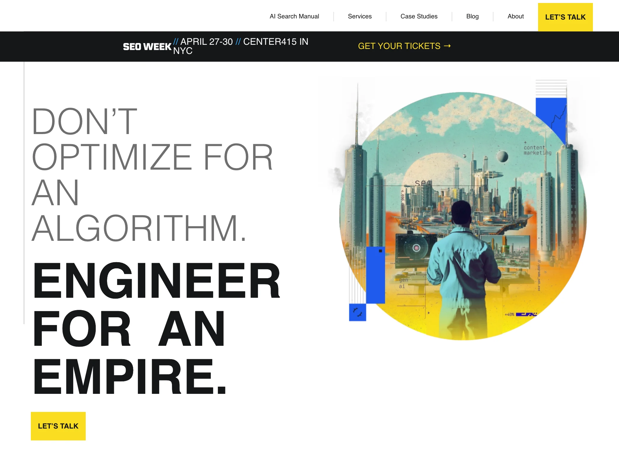 iPullRank homepage with headline "Don't optimize for an algorithm. Engineer for an empire" featuring futuristic cityscape illustration