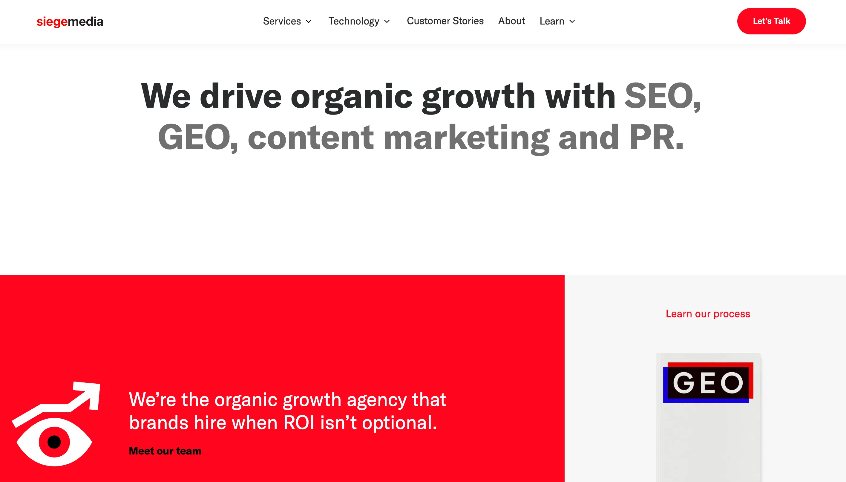 Siege Media homepage with headline "We drive organic growth with SEO, GEO, content marketing and PR" featuring red accent colors