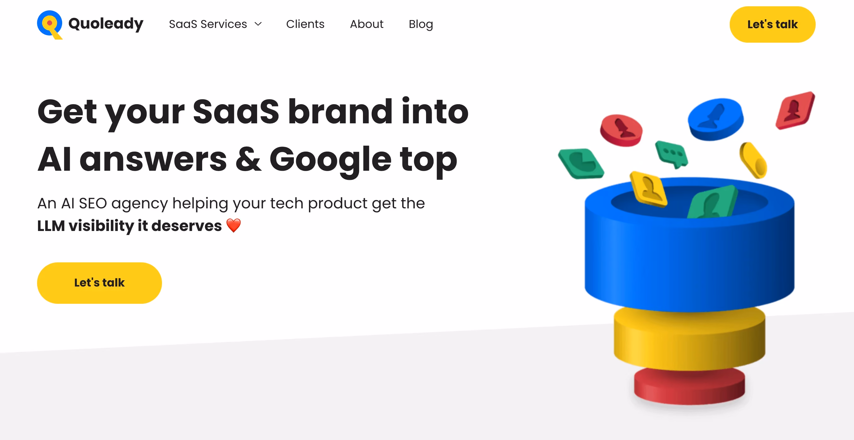 Quoleady homepage with headline "Get your SaaS brand into AI answers & Google top" and colorful 3D illustration