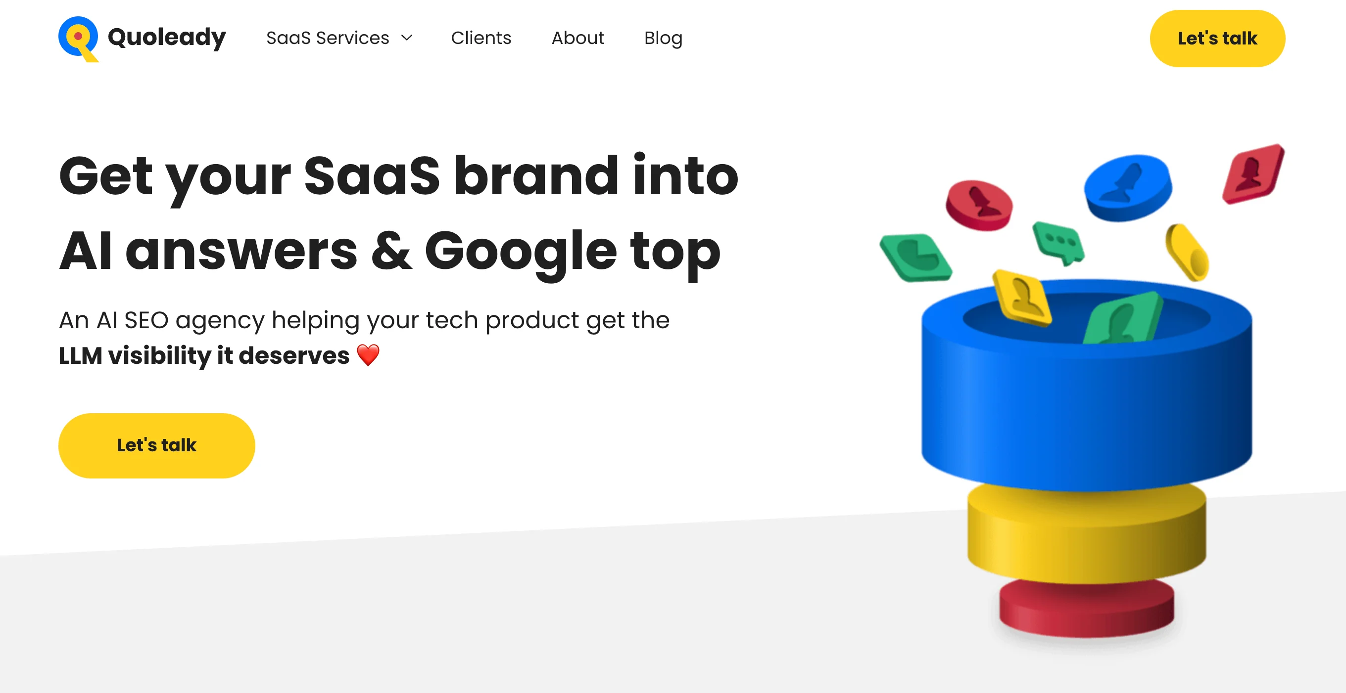 Quoleady homepage with headline "Get your SaaS brand into AI answers & Google top" and colorful 3D illustration