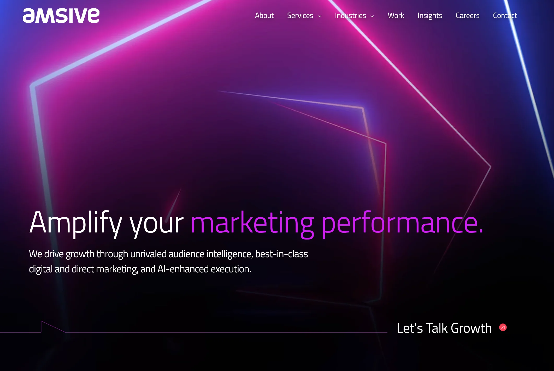 Amsive homepage featuring neon geometric shapes with the headline "Amplify your marketing performance"