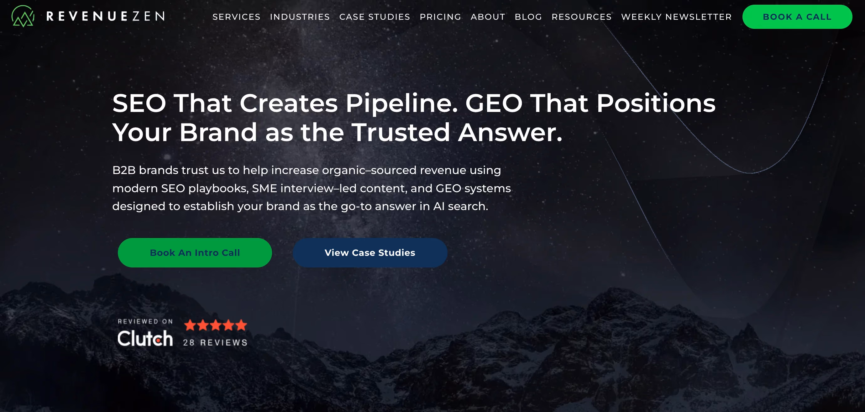 RevenueZen homepage with headline "SEO That Creates Pipeline. GEO That Positions Your Brand as the Trusted Answer" and Clutch 5-star rating