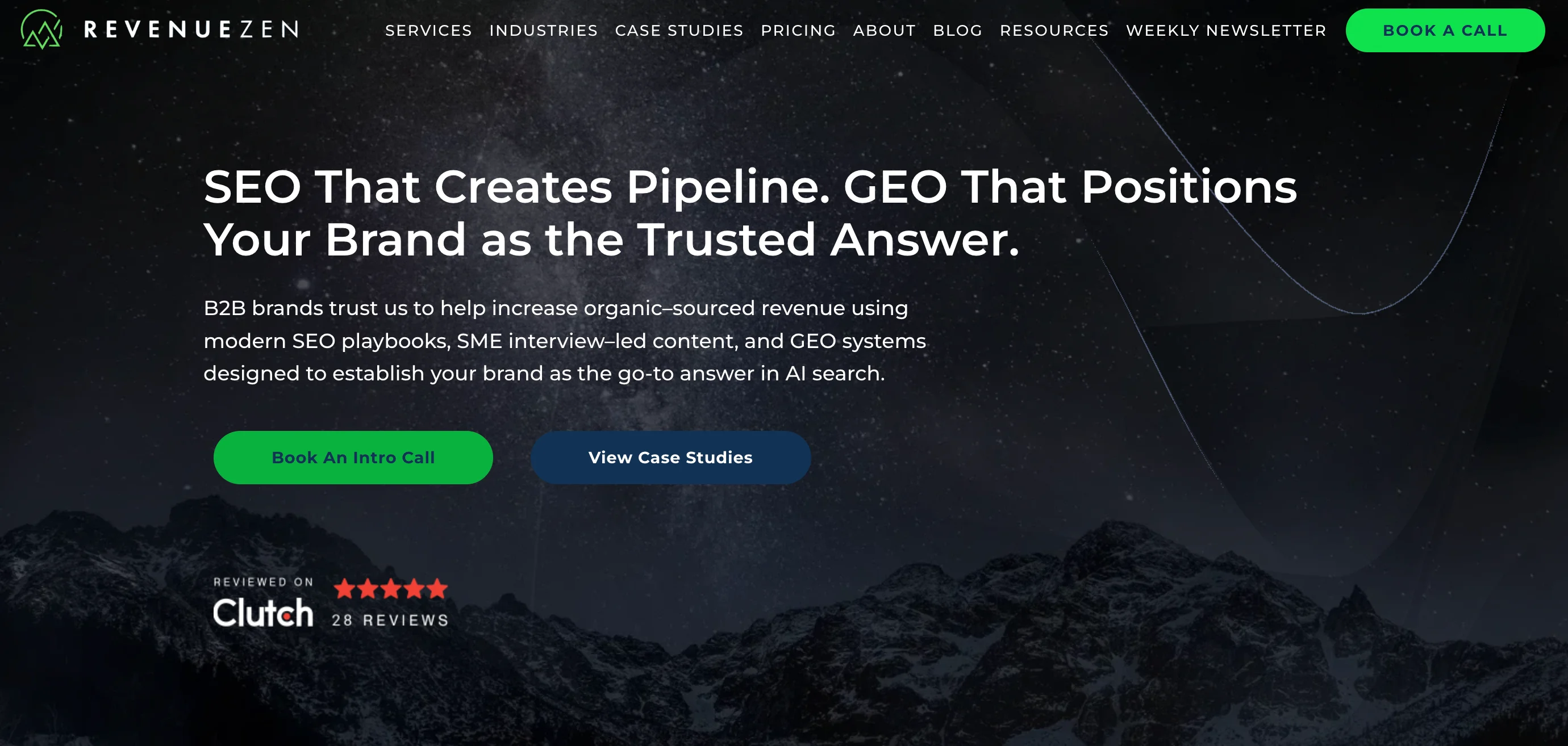 RevenueZen homepage with headline "SEO That Creates Pipeline. GEO That Positions Your Brand as the Trusted Answer" and Clutch 5-star rating