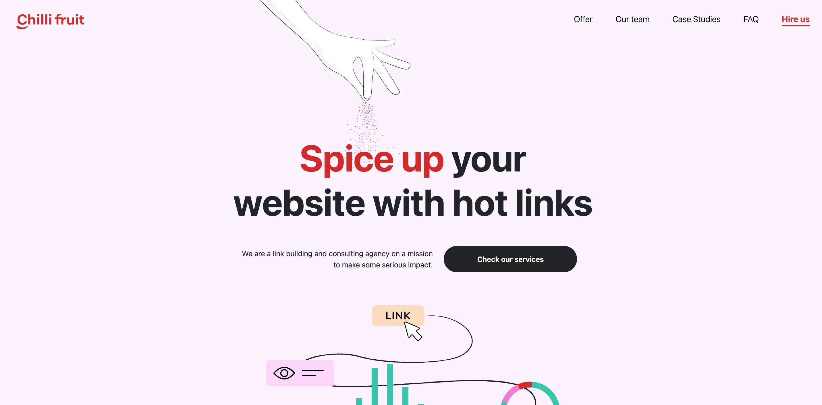 Chilli Fruit homepage showing their tagline "Spice up your website with hot links" with a hand illustration dropping red particles