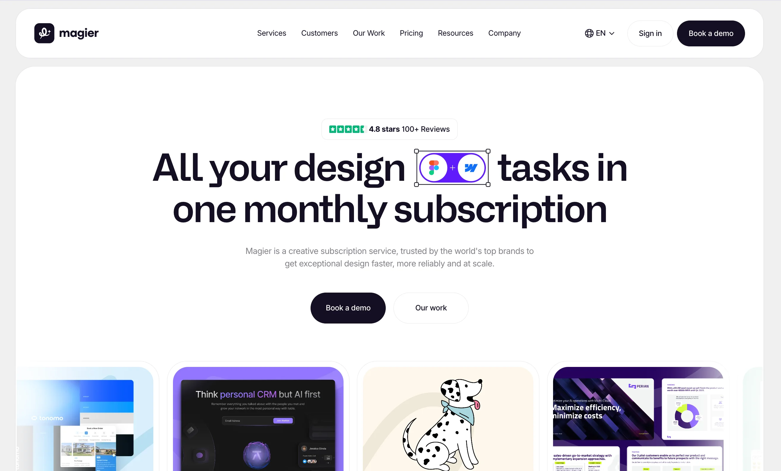 magier website showing a subscription-based Webflow design agency with 4.8 stars across 100+ reviews and portfolio examples of client work