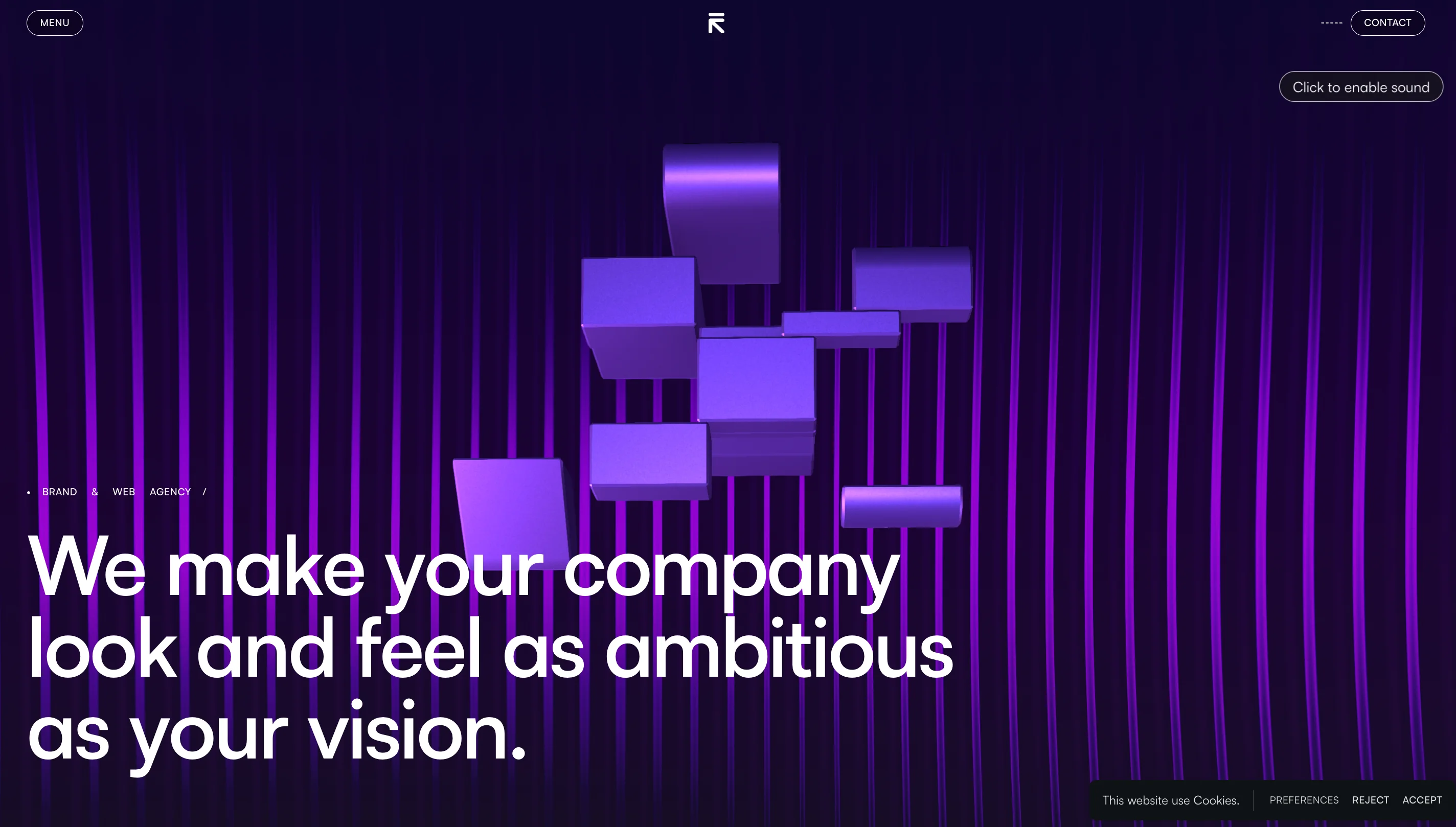 Refokus website with 3D purple visuals and the headline 'We make your company look and feel as ambitious as your vision,' showcasing their brand and Webflow design agency work
