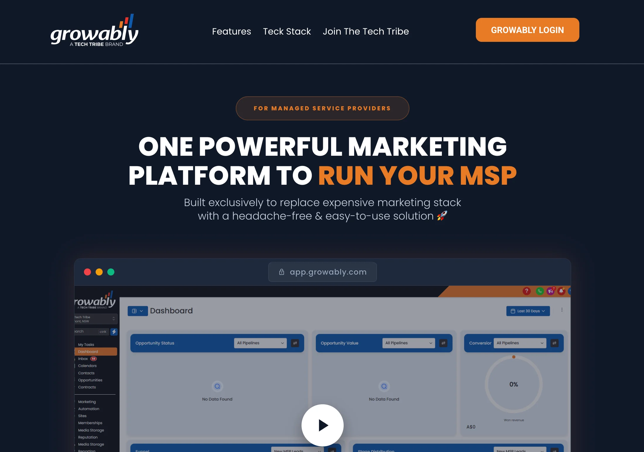Growably website showing their marketing platform dashboard for managed service providers, a Cologne-based B2B Webflow design agency