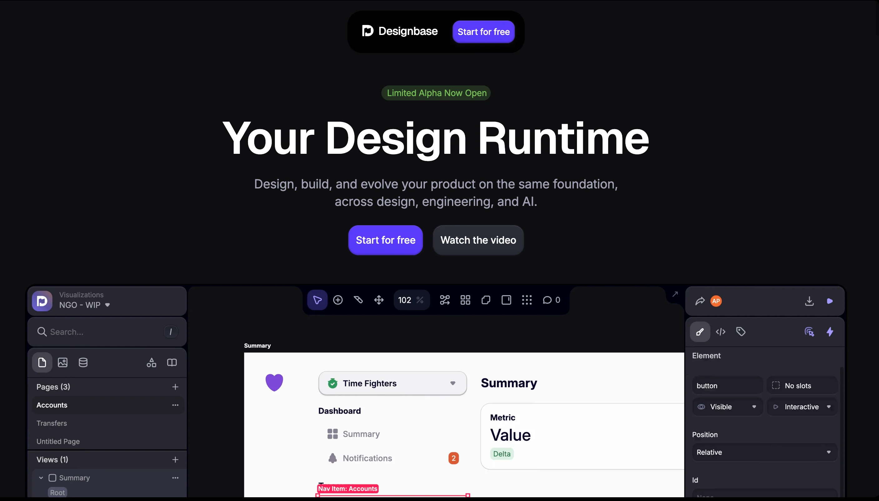 Designbase website showing their design runtime tool interface with the tagline 'Design, build, and evolve your product on the same foundation'