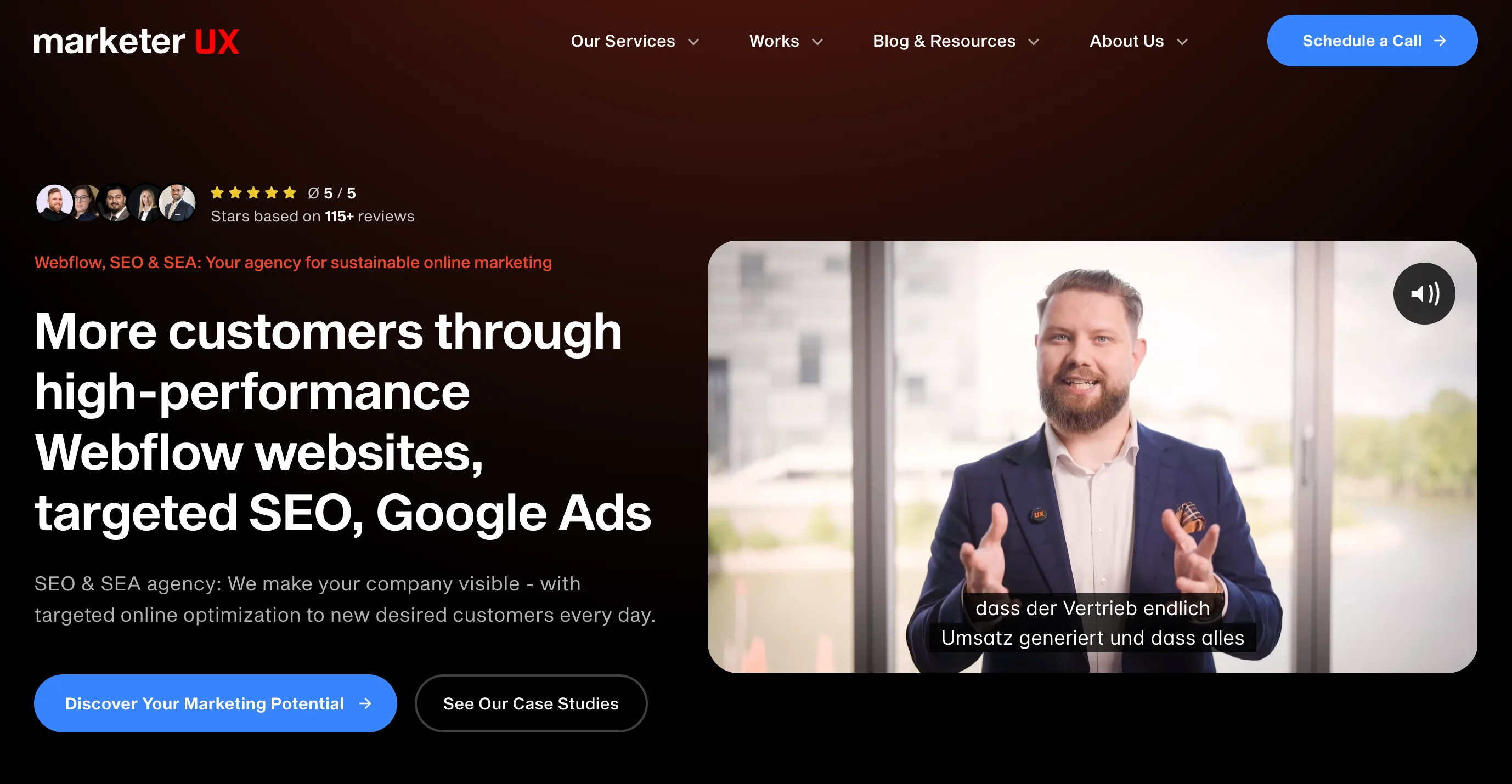 Marketer UX website with a 5 out of 5 rating across 115+ reviews, a Düsseldorf-based Webflow design agency focused on SEO and Google Ads