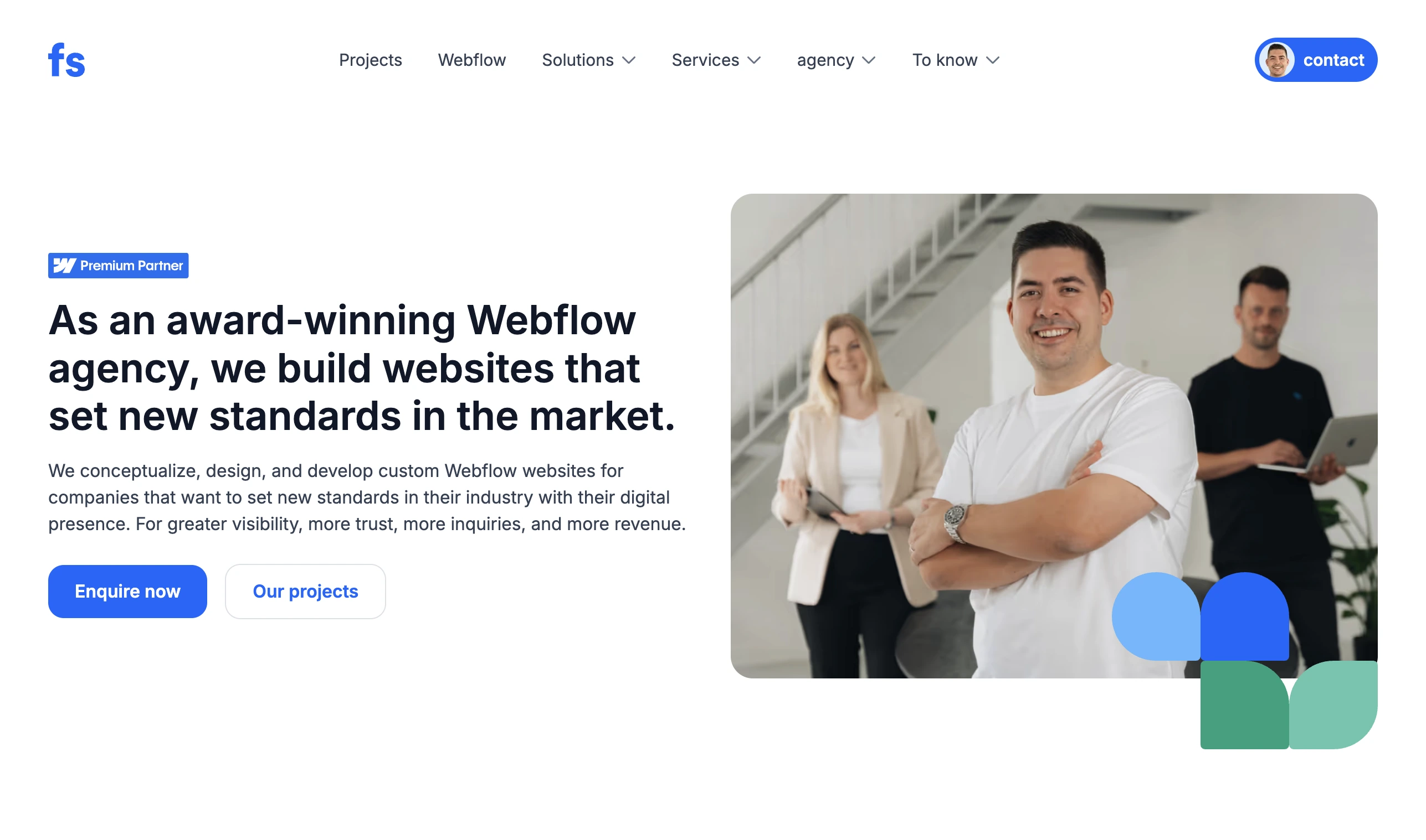 Flo Steinle website with the team photo and Webflow Premium Partner badge, showcasing their award-winning Webflow design agency based in Düsseldor
