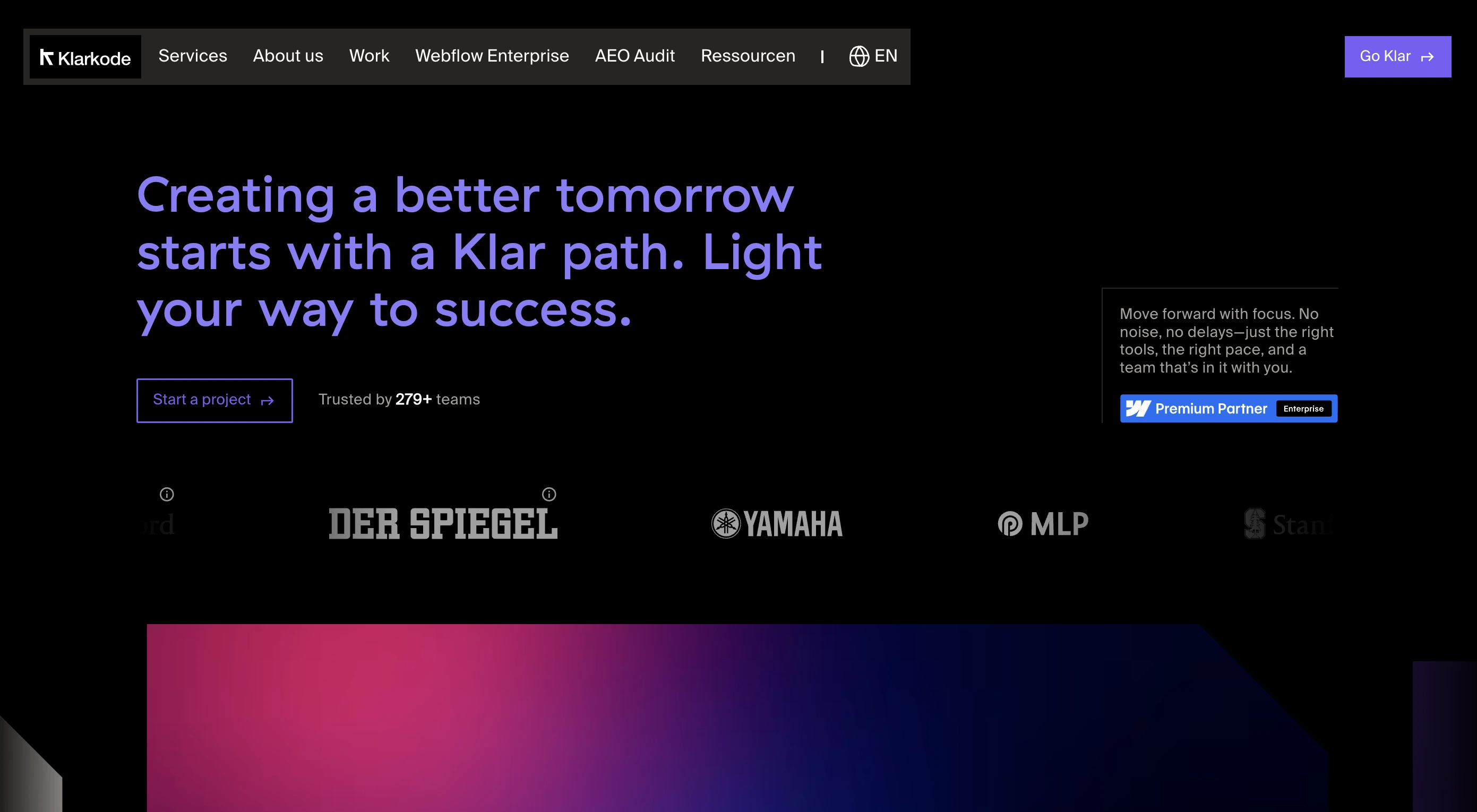 Klarkode website with Webflow Premium Partner and Enterprise badges, trusted by 279+ teams including Der Spiegel, YAMAHA, and MLP, a Hamburg-based Webflow design agency