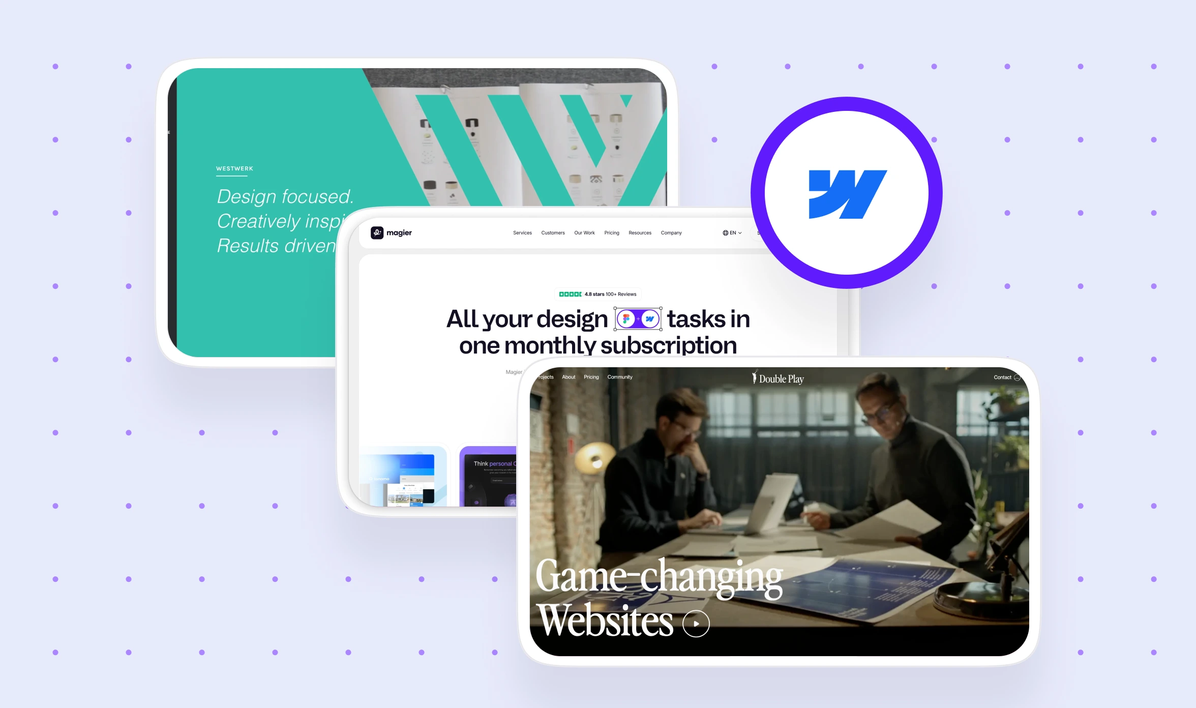 Collage of top Webflow design agencies in Germany for 2026 featuring screenshots from Westwerk, magier, and DoublePlay alongside the Webflow logo