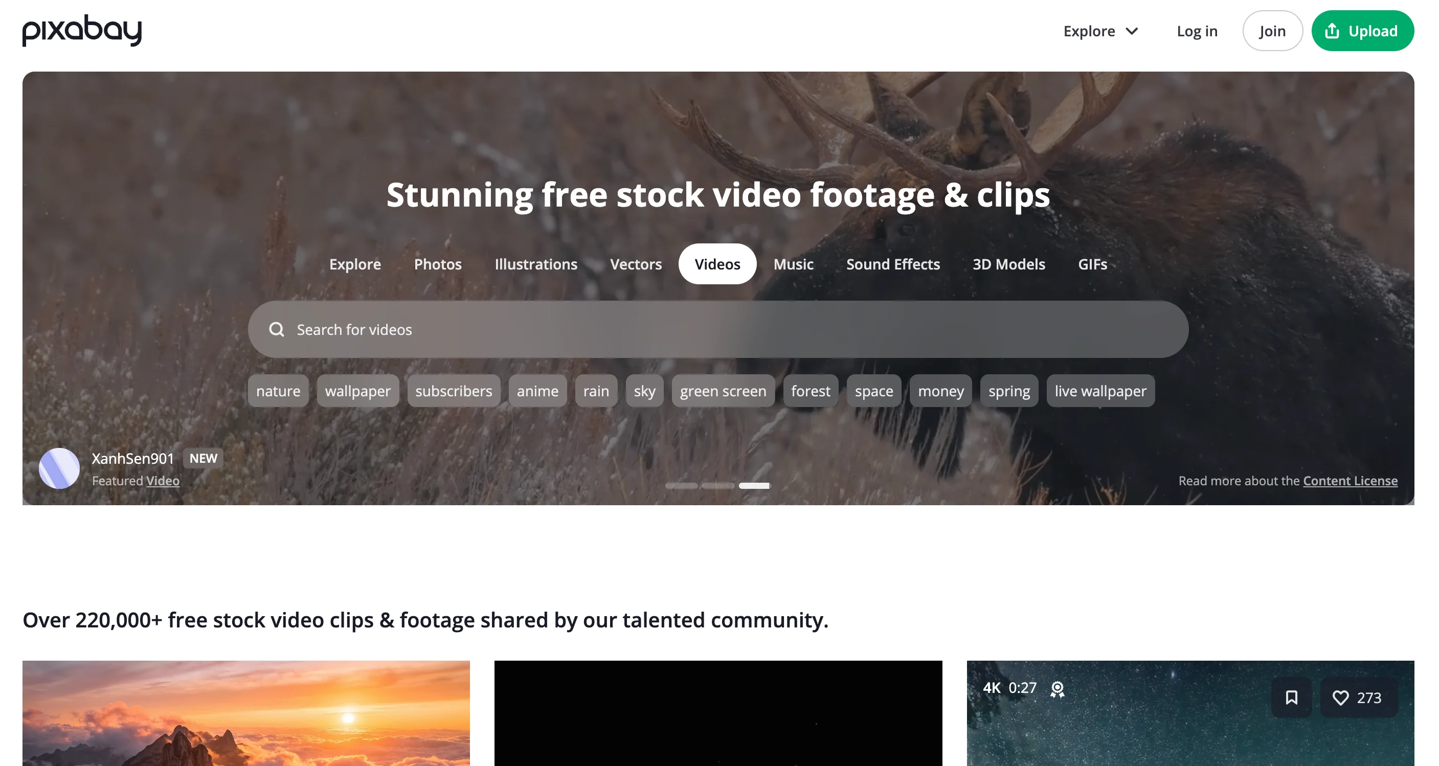 Pixabay video section showing over 220,000 free stock video clips with popular search tags like nature, green screen, rain, and forest
