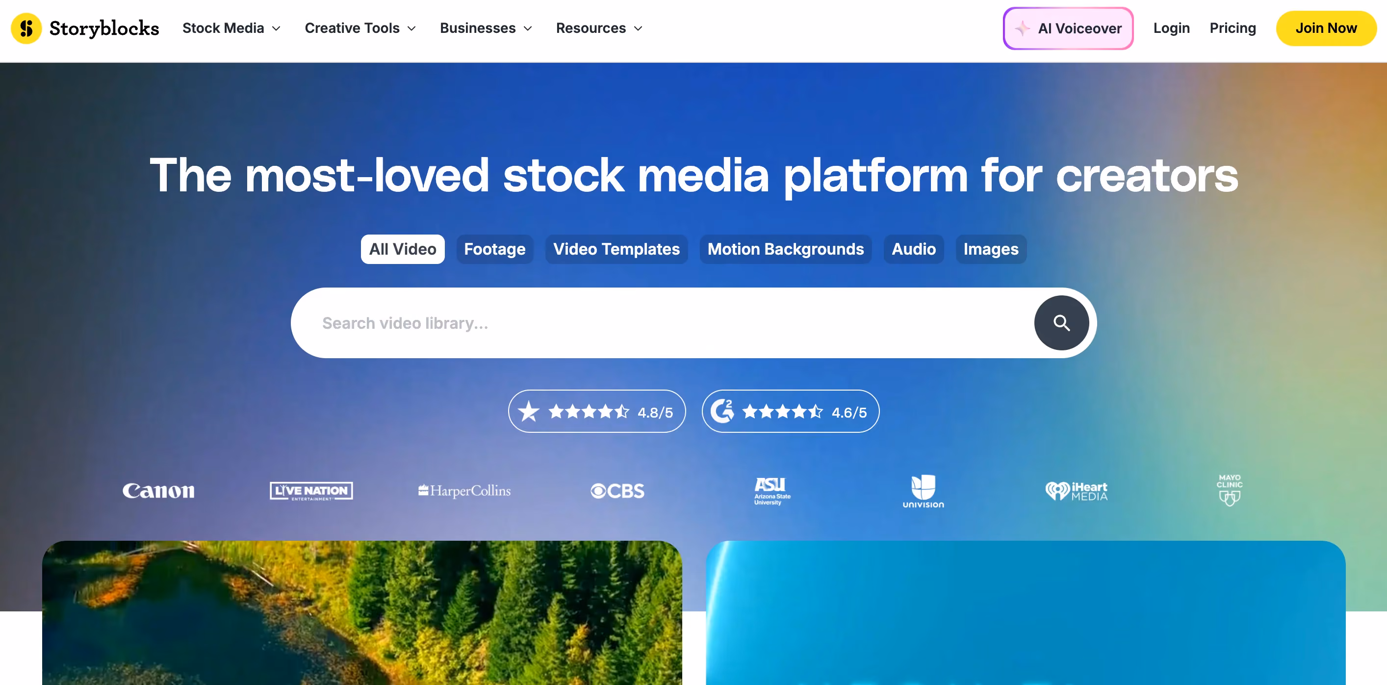 Storyblocks homepage with a royalty-free video search bar, 4.8 out of 5 star rating, and logos of clients like Canon, CBS, iHeart Media, and Mayo Clinic