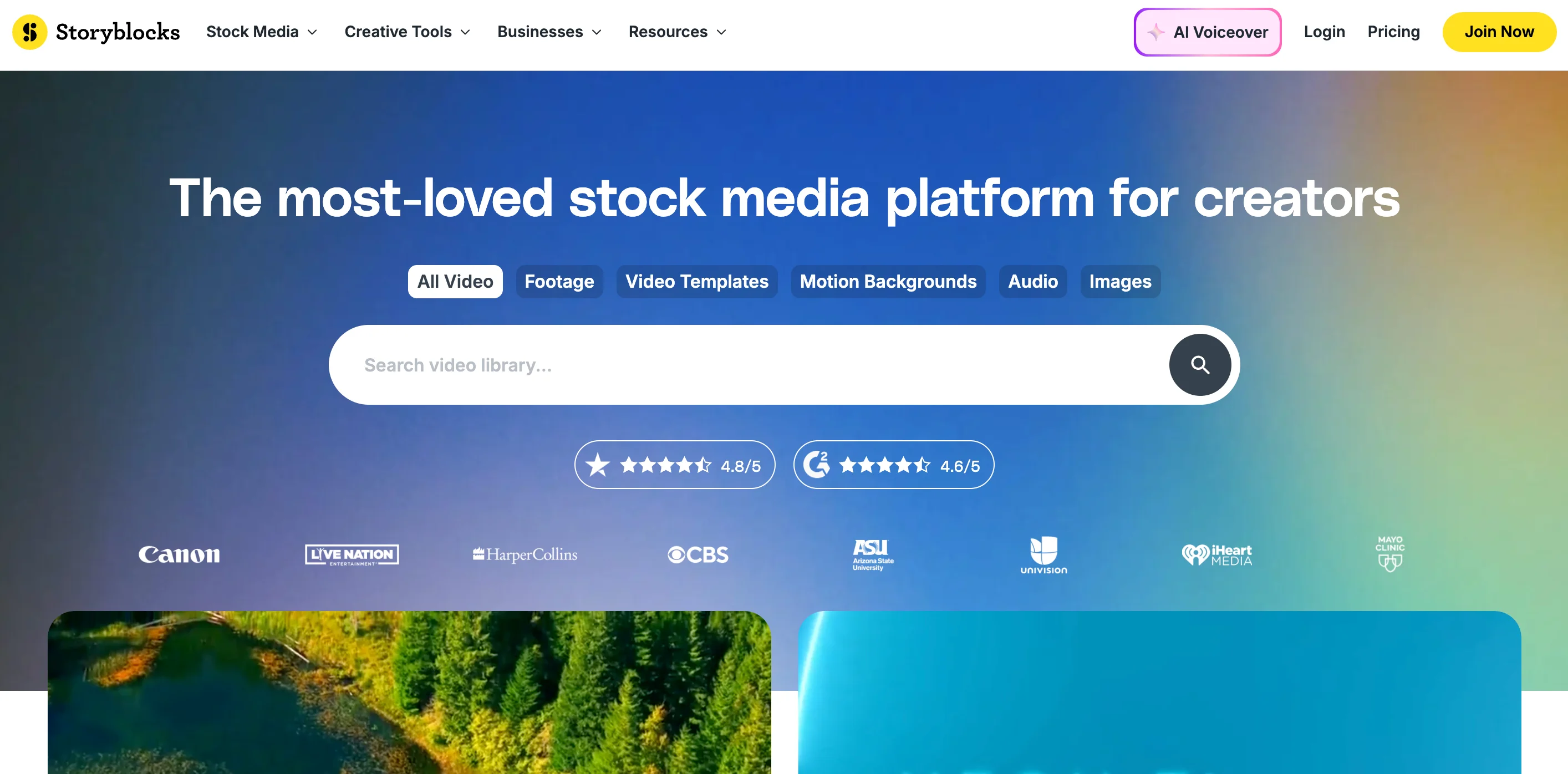 Storyblocks homepage with a royalty-free video search bar, 4.8 out of 5 star rating, and logos of clients like Canon, CBS, iHeart Media, and Mayo Clinic