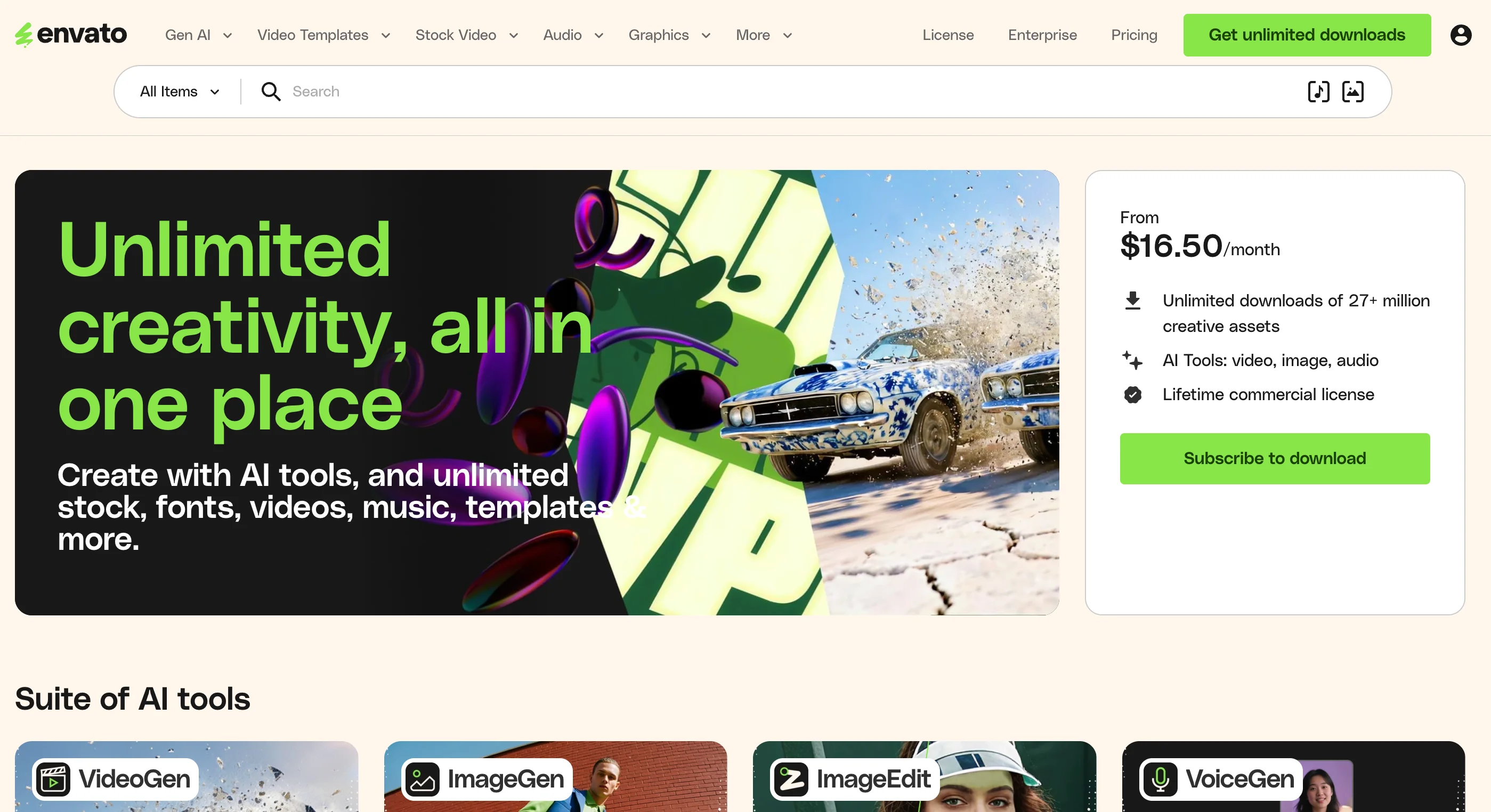 Envato Elements homepage displaying unlimited creative assets starting at $16.50 per month, with AI tools for royalty-video, image, and audio generation and a lifetime commercial license