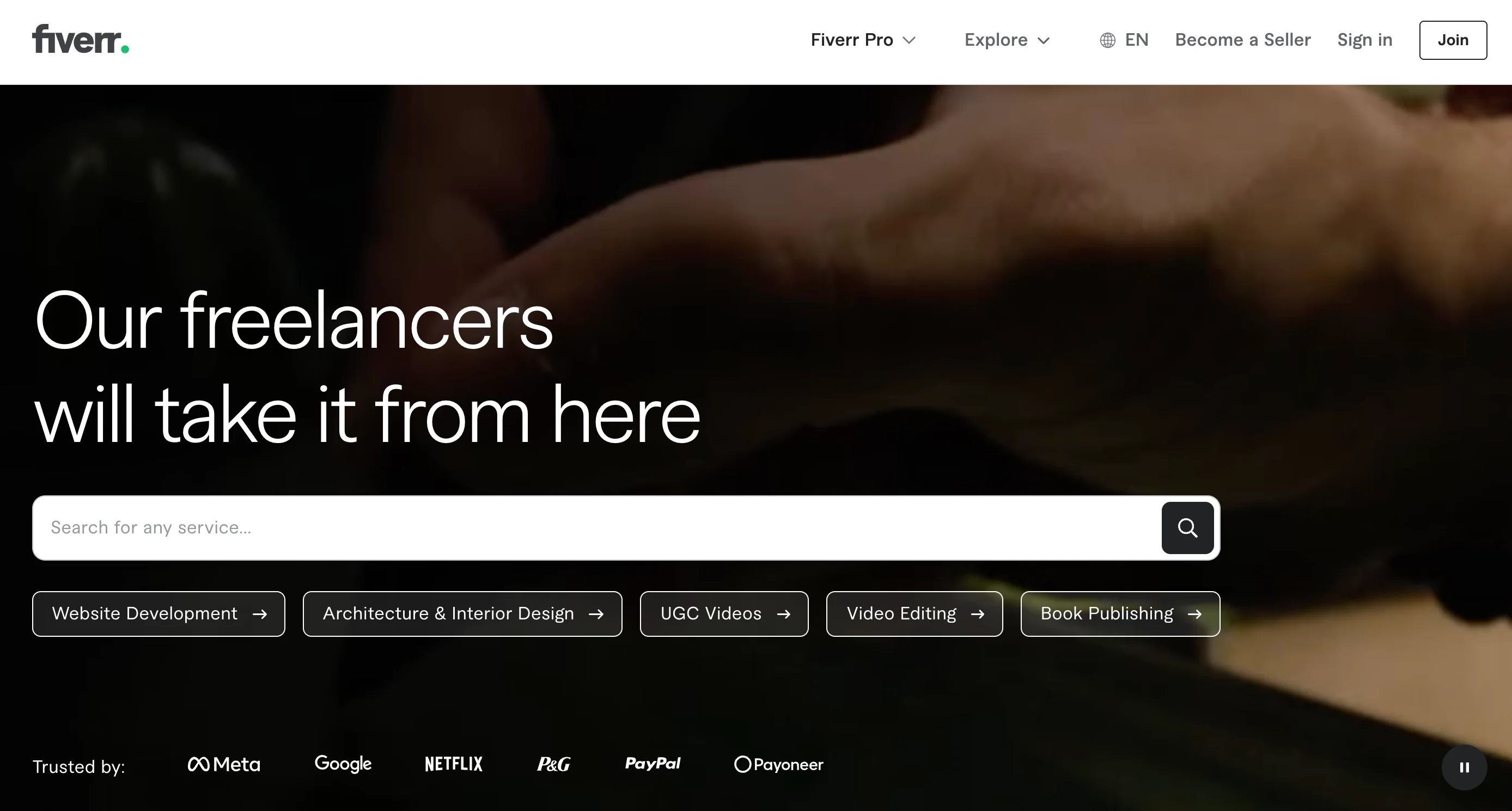 Fiverr (a 99Design alternative) homepage with a search bar for freelance services, category shortcuts for Website Development, UGC Videos, and Video Editing, and trusted-by logos including Meta, Google, Netflix, and PayPal