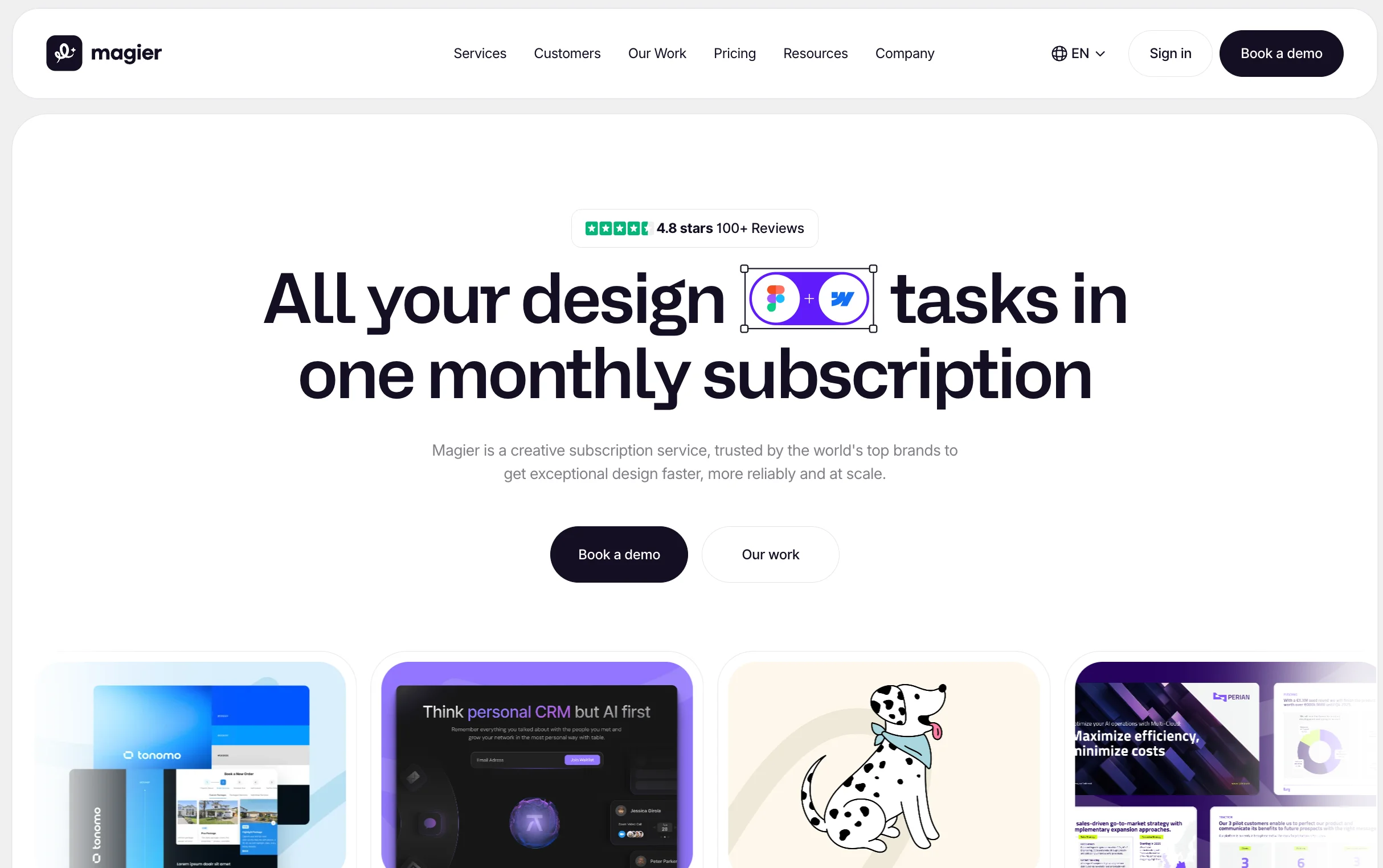 magier homepage showing their design subscription service with 4.8 star Trustpilot rating and client work examples, a top Superside alternative for B2B SaaS teams