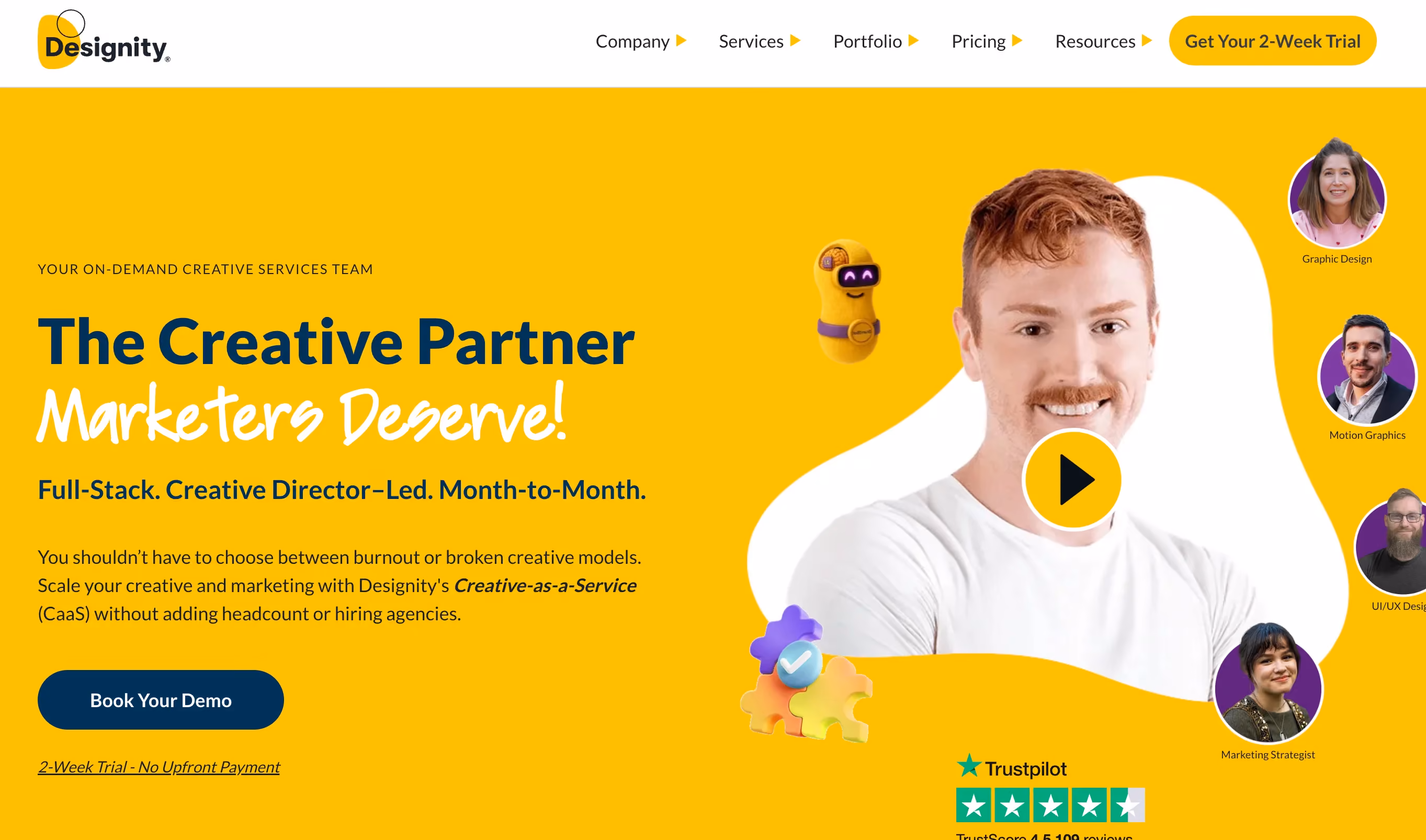 Designity homepage featuring their Creative Director-led creative-as-a-service platform with Trustpilot rating and 2-week trial offer, a managed Superside alternative