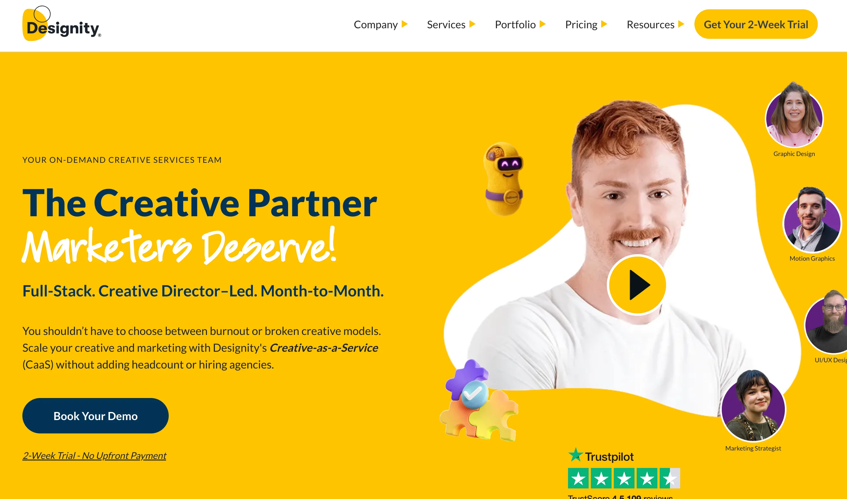 Designity homepage featuring their Creative Director-led creative-as-a-service platform with Trustpilot rating and 2-week trial offer, a managed Superside alternative