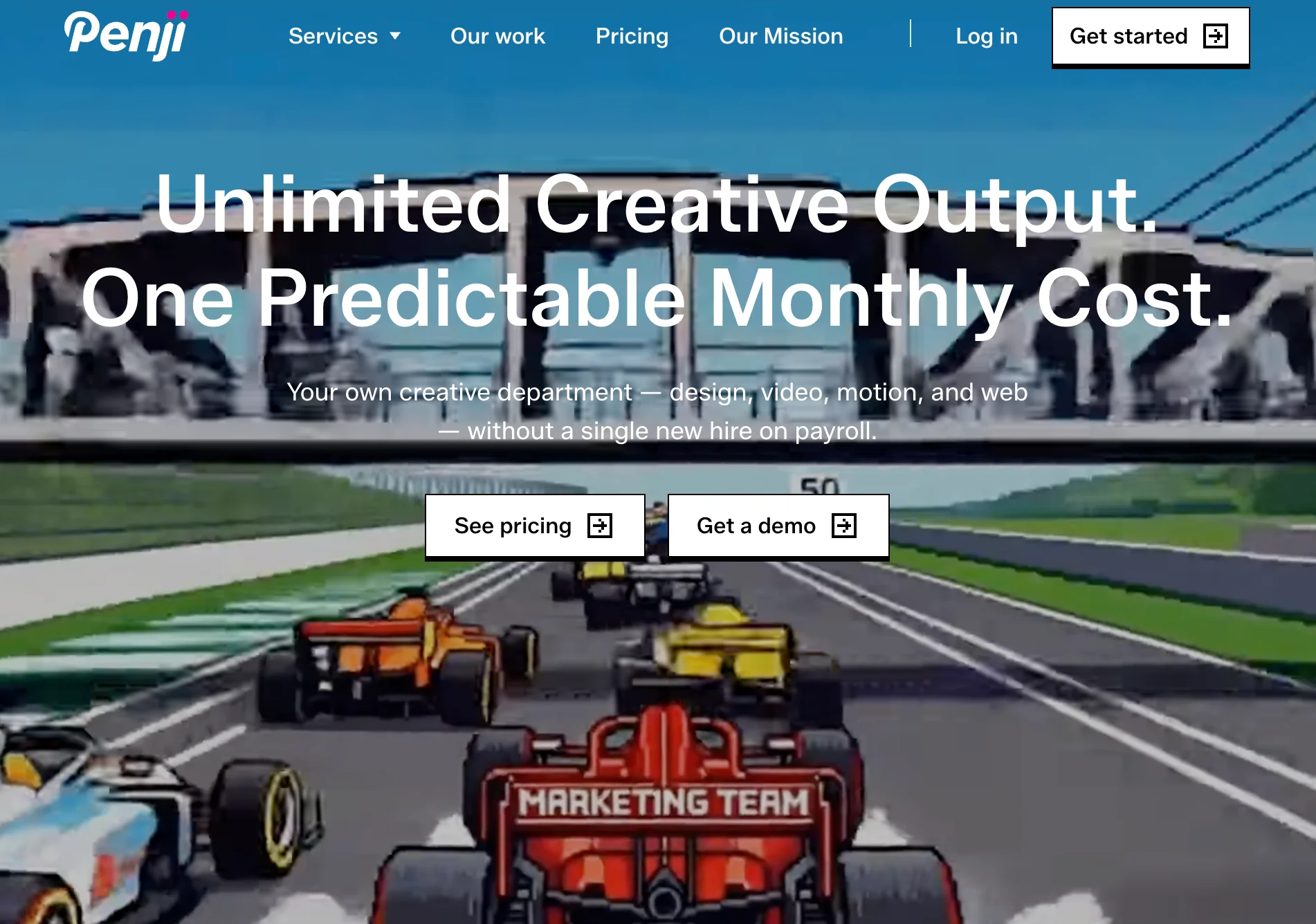 Penji homepage promoting unlimited creative output at a predictable monthly cost, a budget-friendly Superside alternative for startups