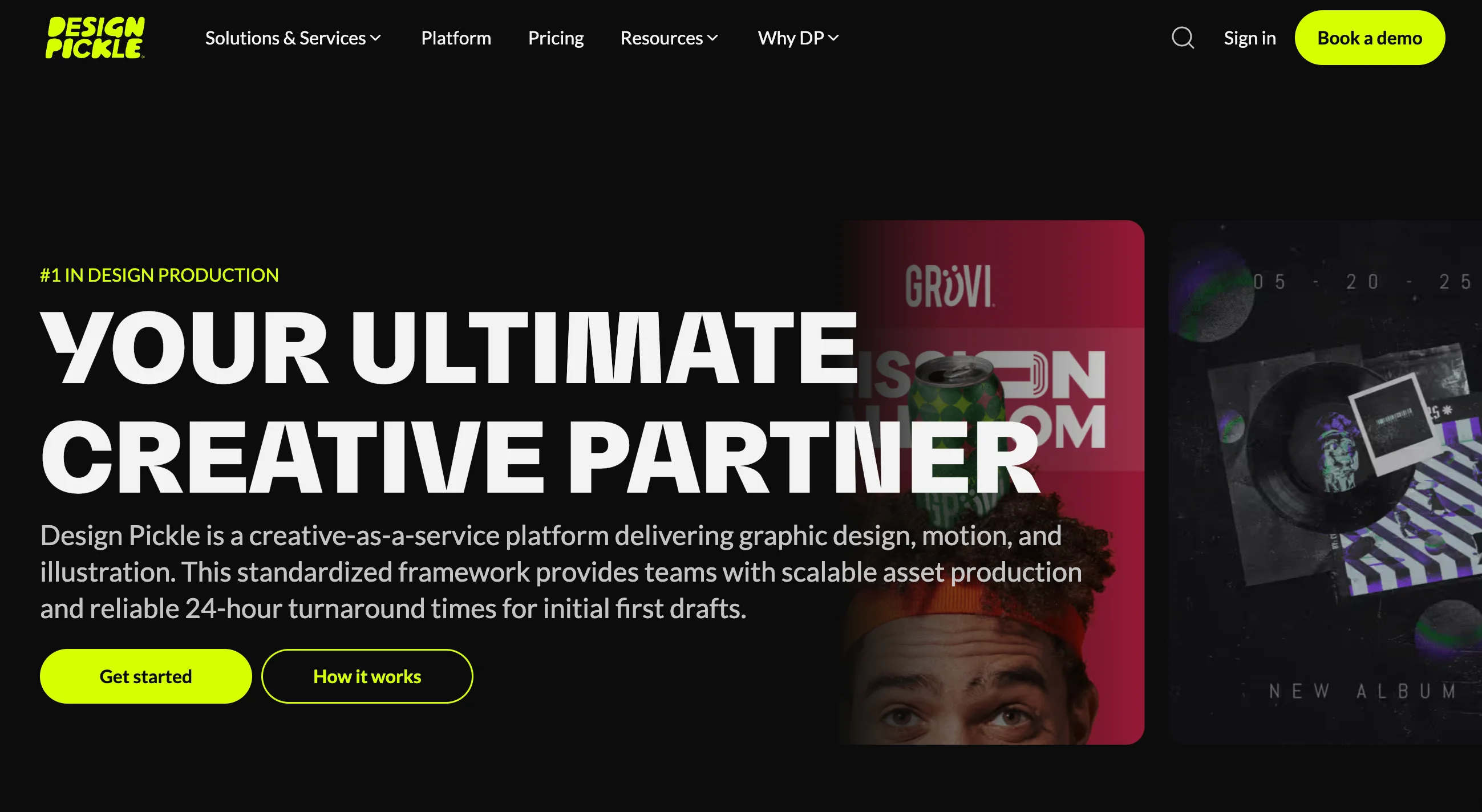 Design Pickle homepage highlighting their creative-as-a-service platform with scalable asset production and 24-hour turnaround, an original Superside alternative