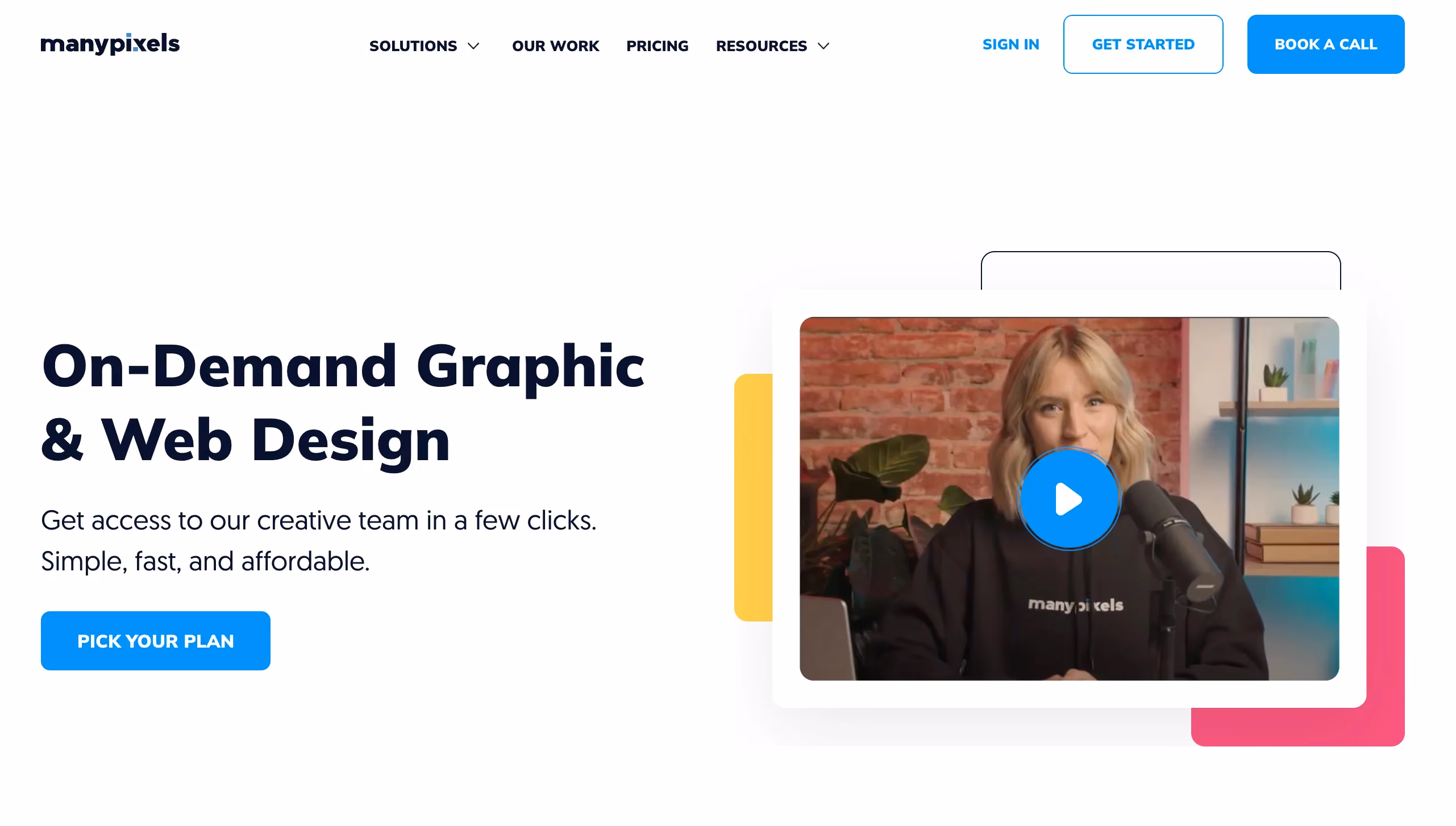 ManyPixels homepage showcasing their on-demand graphic and web design service, a Superside alternative with dedicated designers and daily output