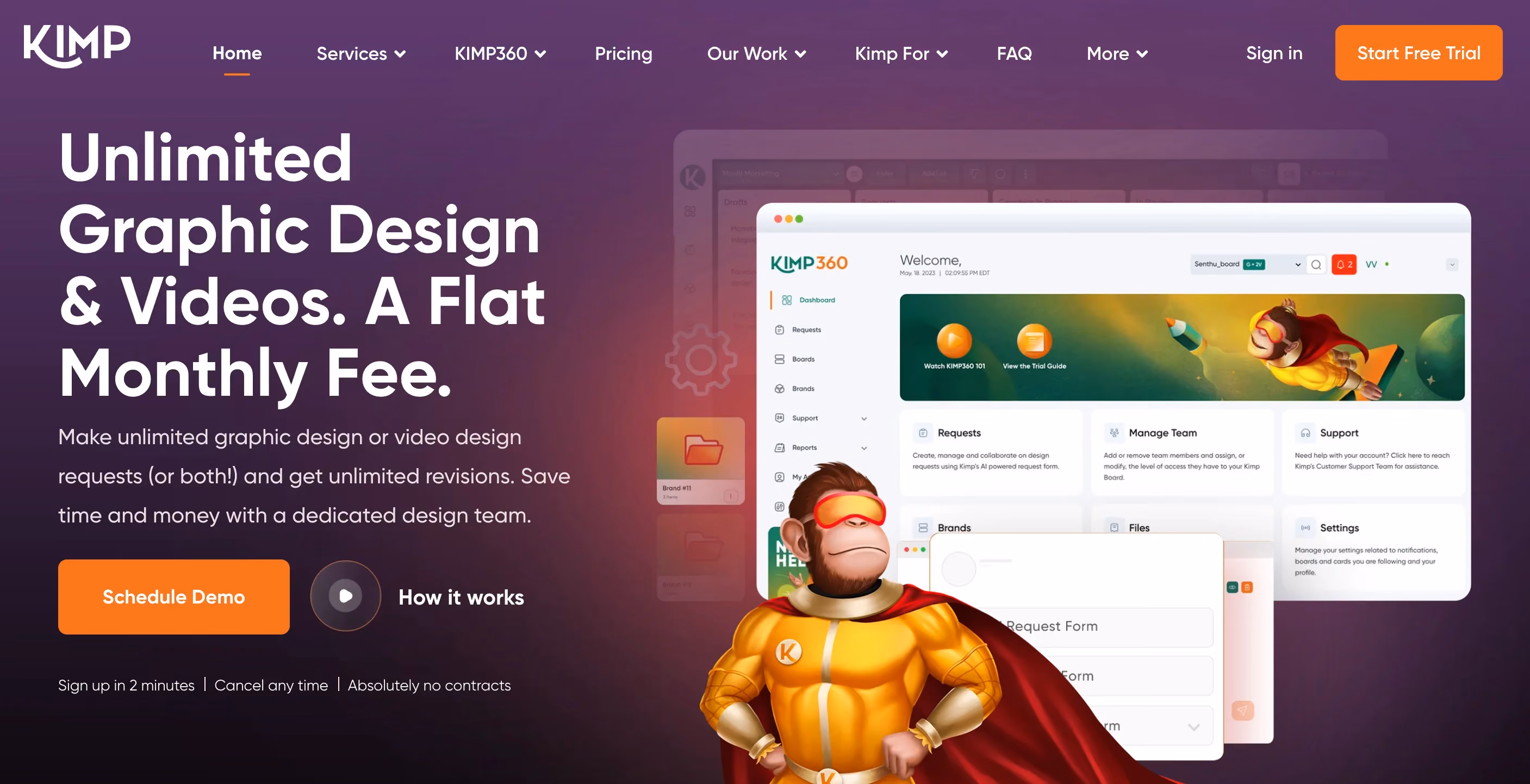 Kimp homepage advertising unlimited graphic design and video editing at a flat monthly fee with no contracts, a low-cost Superside alternative