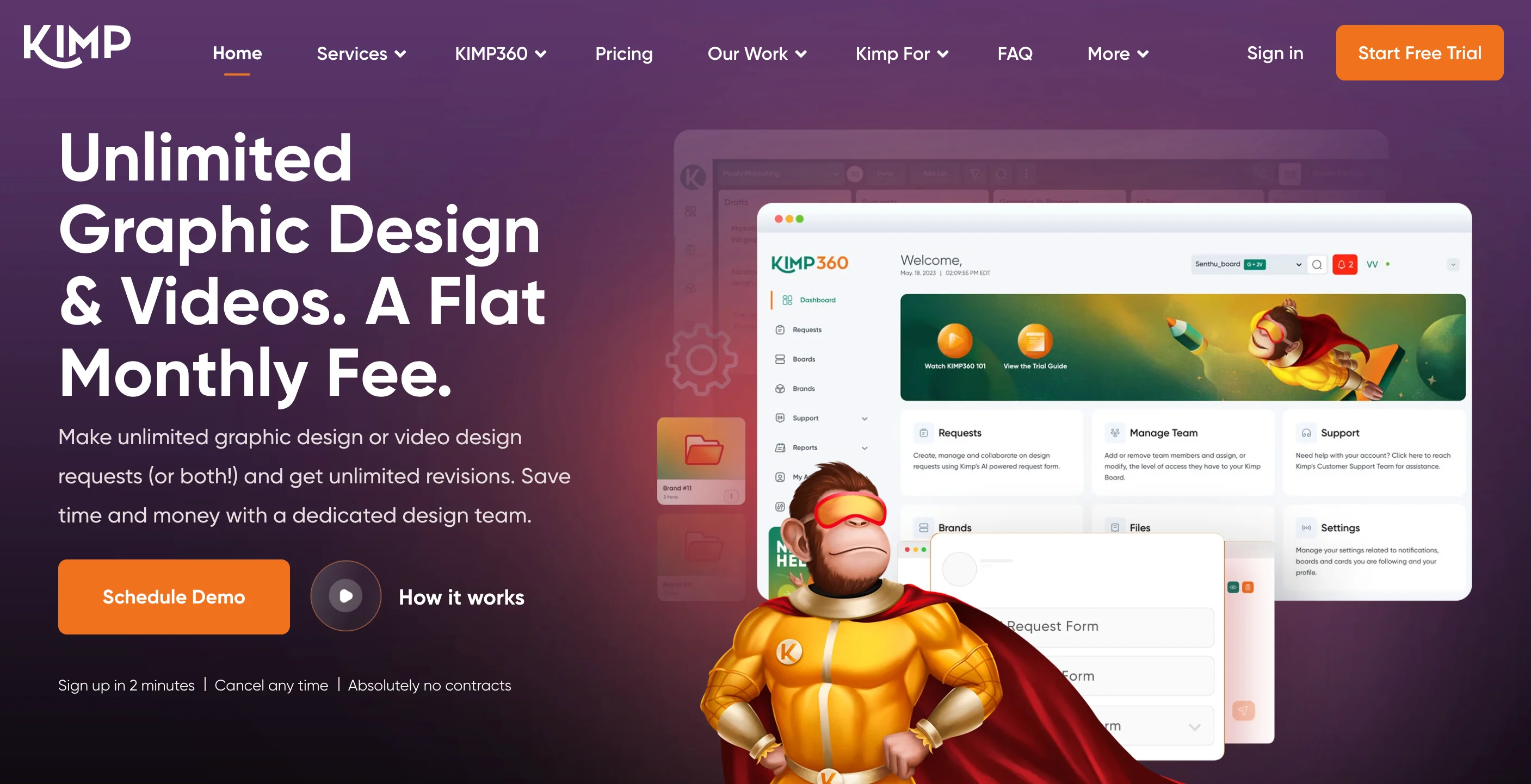 Kimp homepage advertising unlimited graphic design and video editing at a flat monthly fee with no contracts, a low-cost Superside alternative