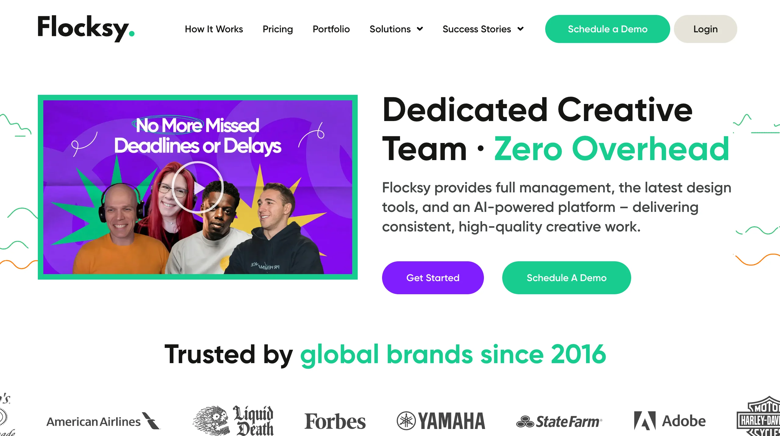 Flocksy homepage promoting their dedicated creative team with zero overhead, trusted by brands like Forbes and Adobe, a multi-discipline Superside alternative