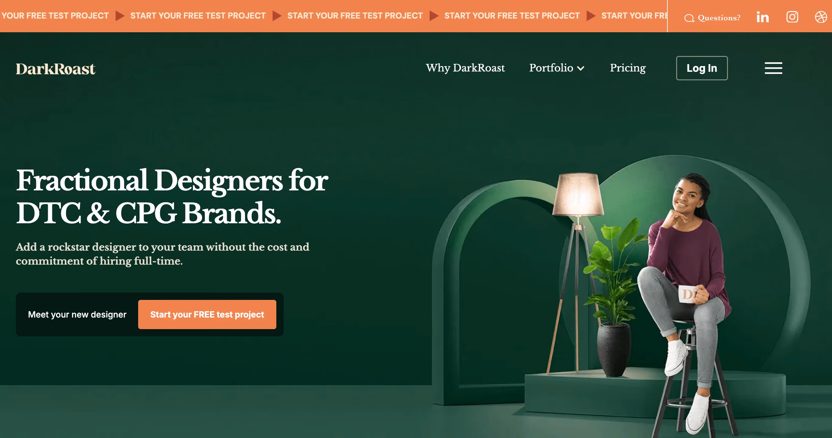 DarkRoast homepage showing their fractional designer service for DTC and CPG brands with a free test project offer, a niche Superside alternative